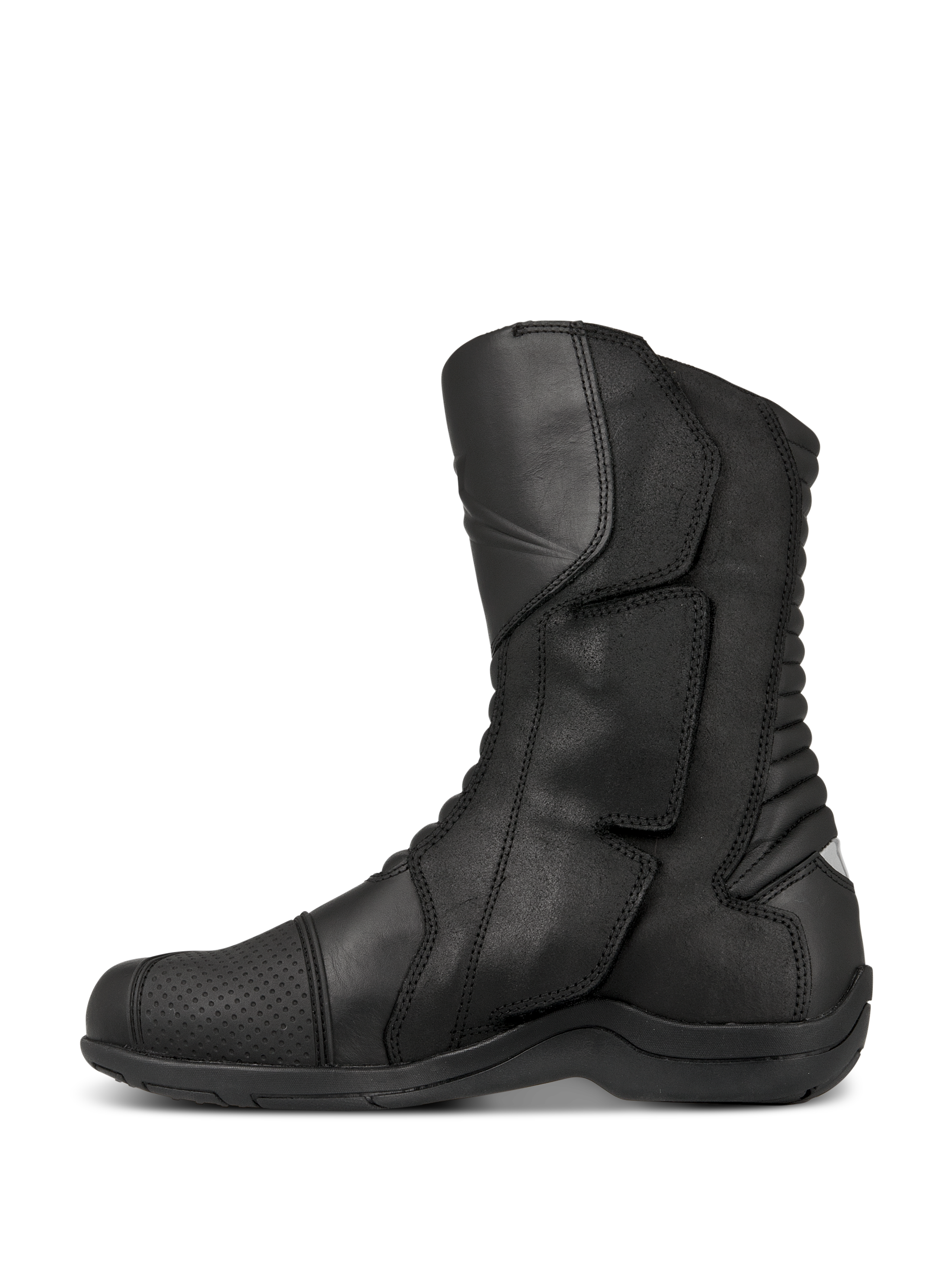Alpinestars Web GORE-TEX Boots, stivali da moto touring, nero, vista di profilo laterale che mostra la costruzione in pelle, sistema di ingresso laterale con ampia patta di chiusura e zone di flessione a soffietto posteriori per la manovrabilità