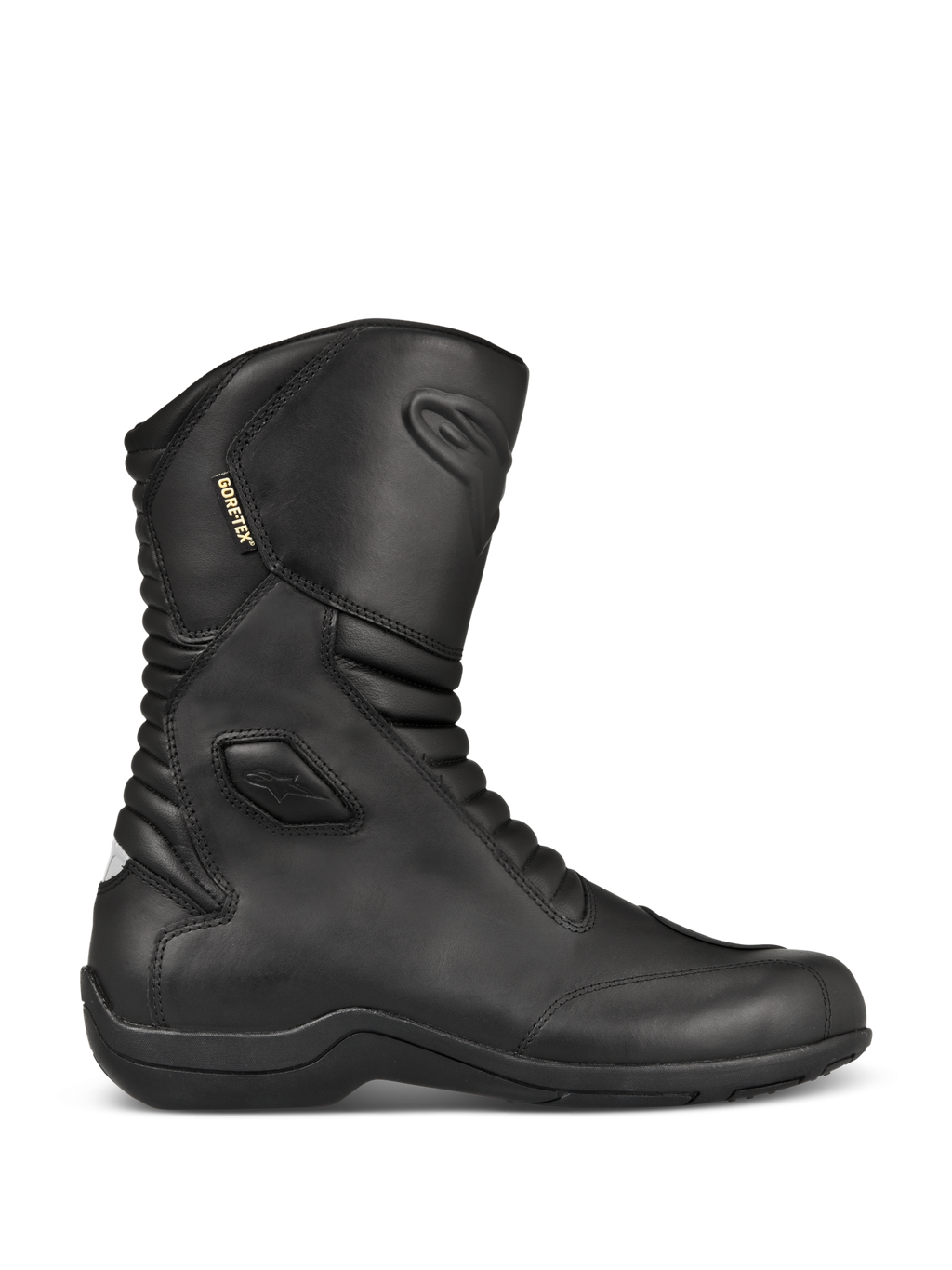 Stivali Alpinestars Web GORE-TEX, stivali da moto touring in pelle nera, vista laterale, fodera in GORE-TEX impermeabile, protezioni rinforzate per caviglia e punta, pannelli a soffietto anteriori e posteriori, suola in gomma resistente, elegante equipaggiamento stradale per tutte le stagioni
