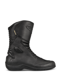 Stivali Alpinestars Web GORE-TEX, stivali da moto touring in pelle nera, vista laterale, fodera in GORE-TEX impermeabile, protezioni rinforzate per caviglia e punta, pannelli a soffietto anteriori e posteriori, suola in gomma resistente, elegante equipaggiamento stradale per tutte le stagioni