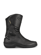 Stivali Alpinestars Web GORE-TEX, stivali da moto touring in pelle nera, vista laterale, fodera in GORE-TEX impermeabile, protezioni rinforzate per caviglia e punta, pannelli a soffietto anteriori e posteriori, suola in gomma resistente, elegante equipaggiamento stradale per tutte le stagioni