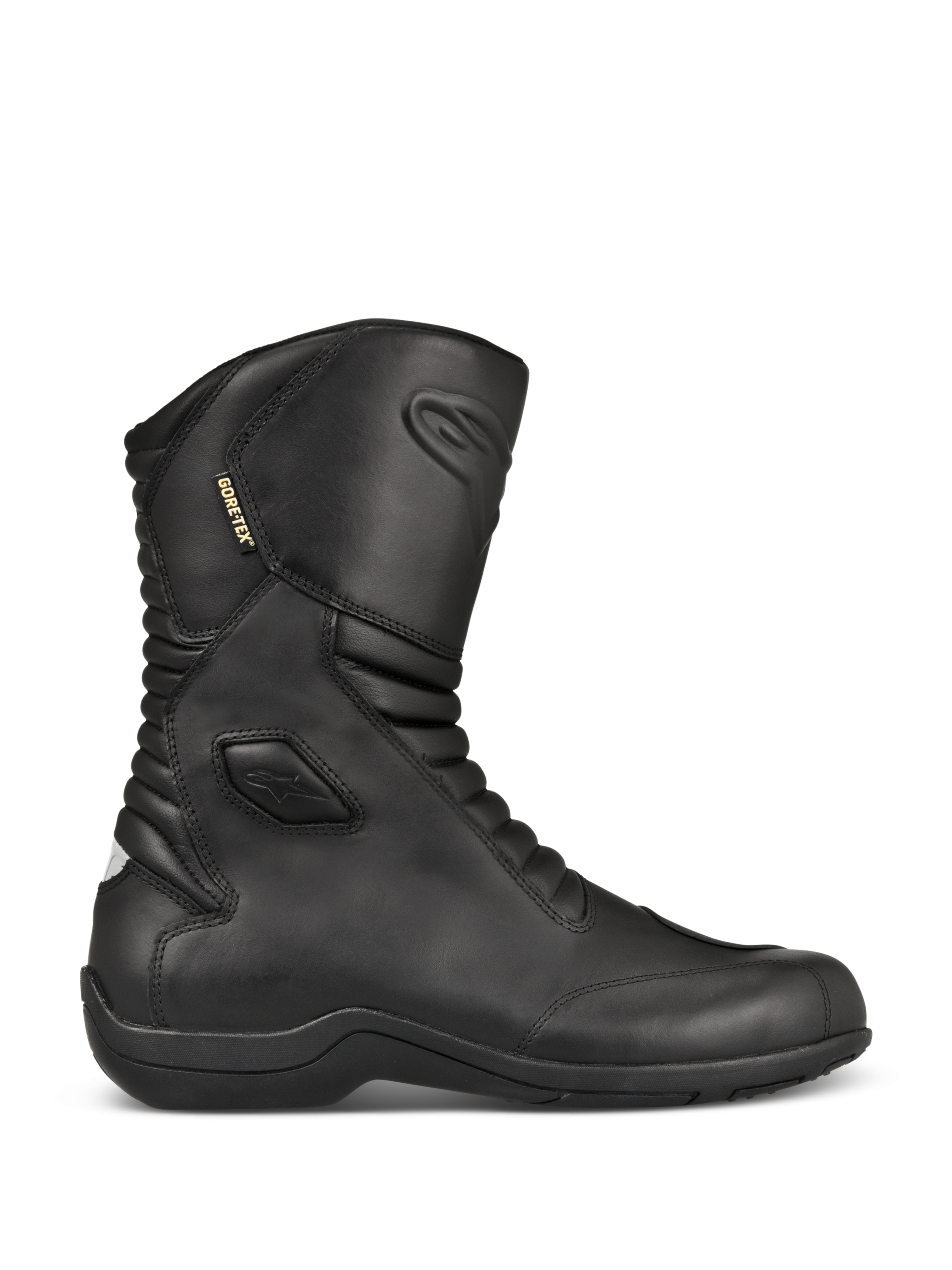 Stivali Alpinestars Web GORE-TEX, stivali da moto touring in pelle nera, vista laterale, fodera in GORE-TEX impermeabile, protezioni rinforzate per caviglia e punta, pannelli a soffietto anteriori e posteriori, suola in gomma resistente, elegante equipaggiamento stradale per tutte le stagioni