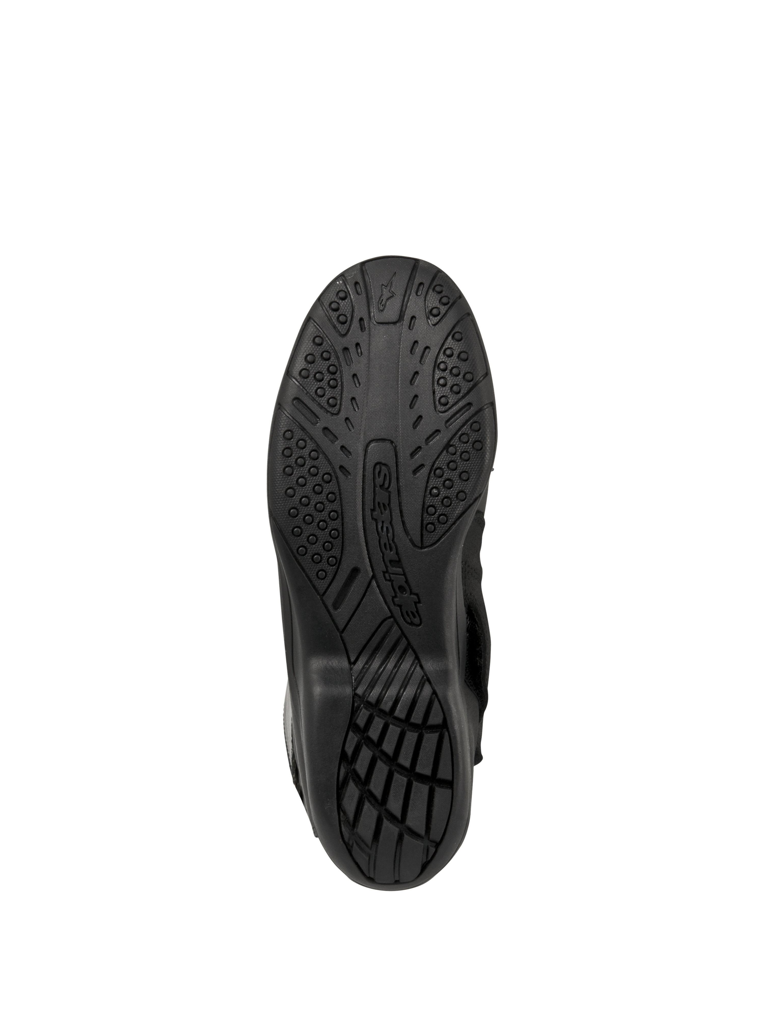 Stivali Alpinestars Web GORE-TEX, stivali da moto touring, nero, vista inferiore della suola con battistrada in gomma testurizzata per il grip e logo Alpinestars