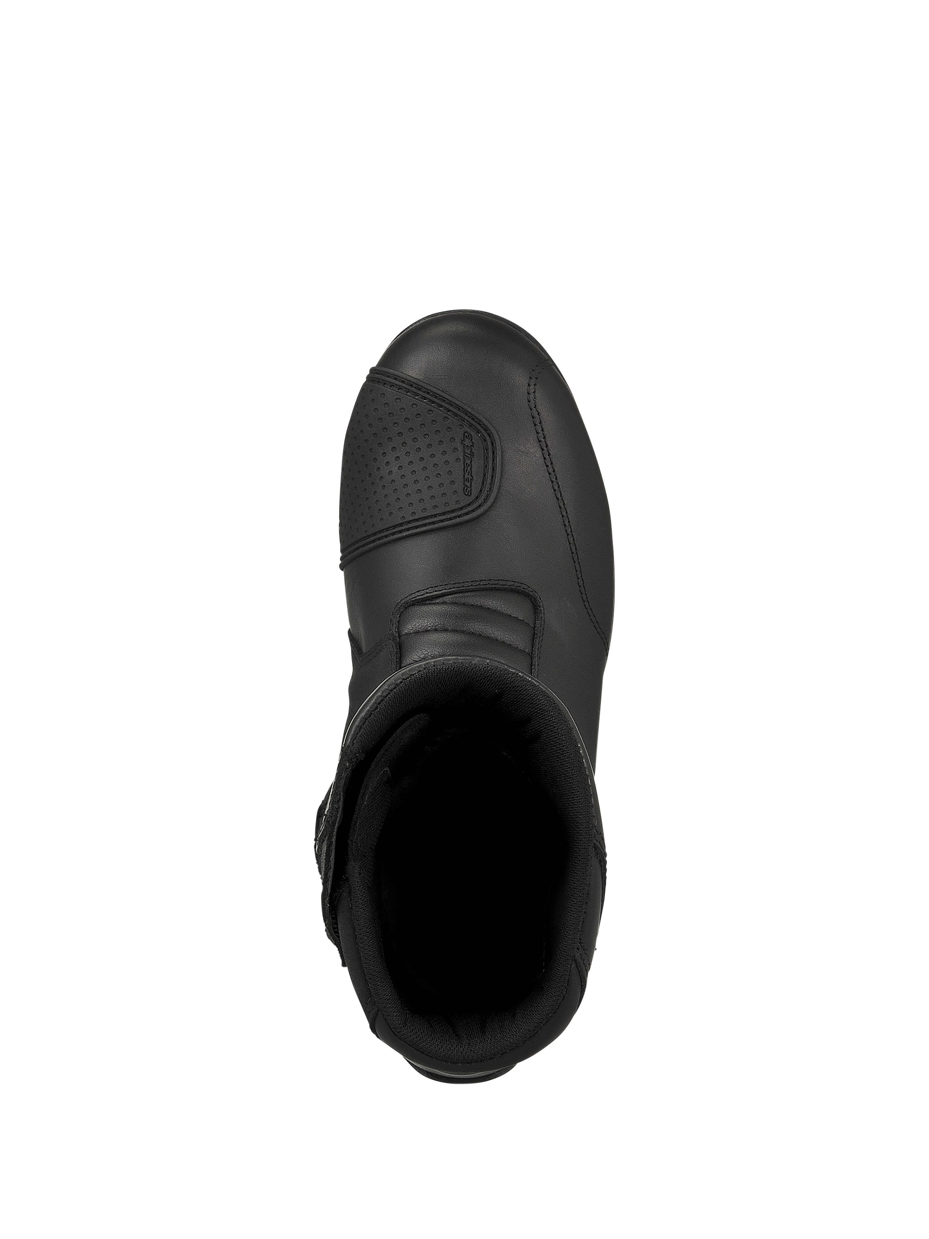Stivali Alpinestars Web GORE-TEX, stivali da moto touring neri, vista dall'alto che mostra l'apertura interna e la protezione del cambio testurizzata, resistente struttura in pelle per la guida su strada