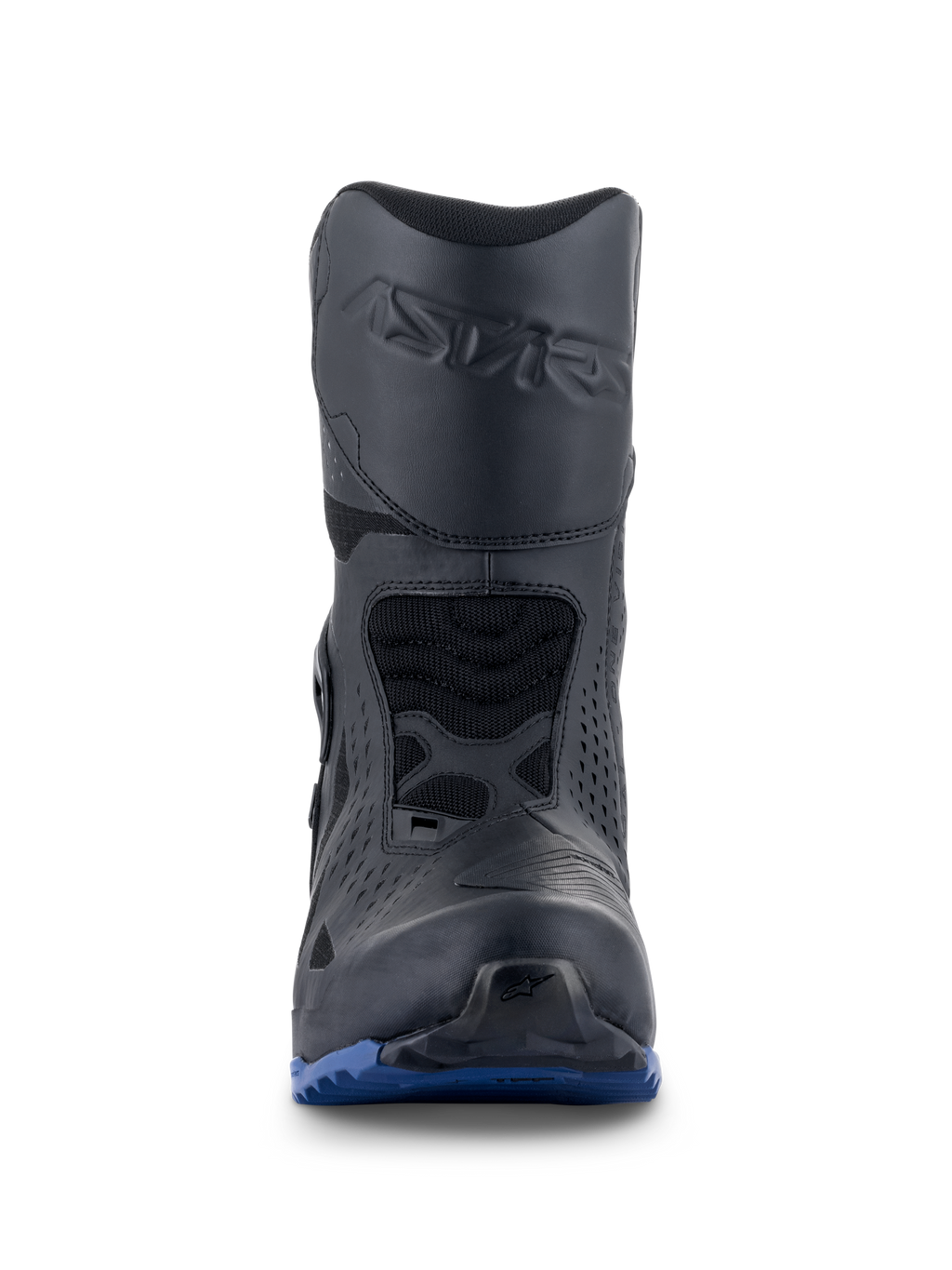 Stivali Alpinestars RT-8 GORE-TEX, stivali da moto touring, nero e blu, vista frontale con marchio Astars in rilievo sullo stinco, paracambio protettivo e suola blu robusta per trazione su ogni terreno