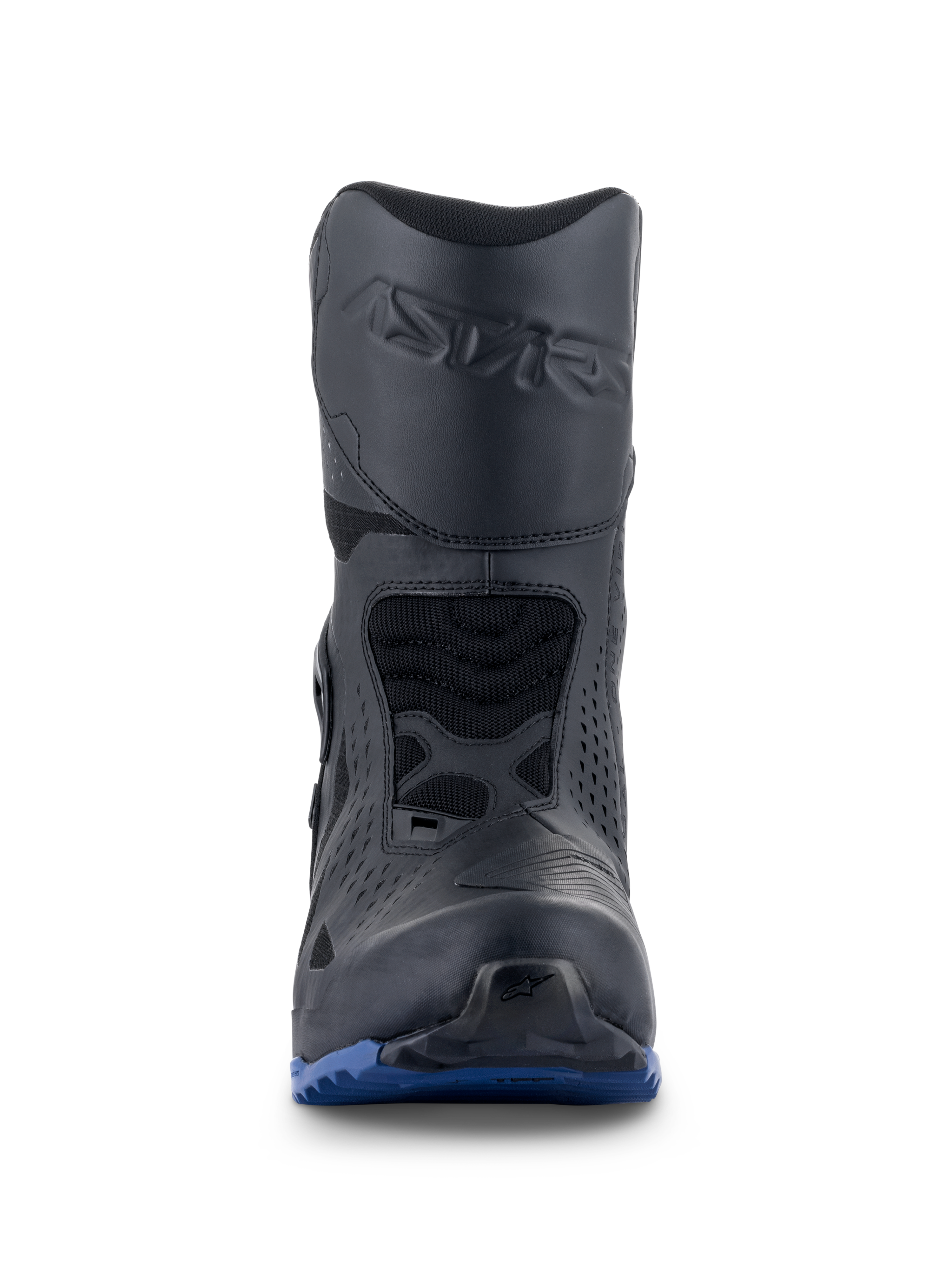 Stivali Alpinestars RT-8 GORE-TEX, stivali da moto touring, nero e blu, vista frontale con marchio Astars in rilievo sullo stinco, paracambio protettivo e suola blu robusta per trazione su ogni terreno