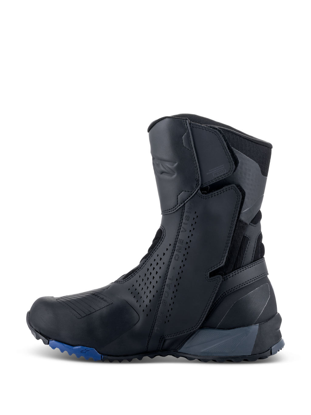 Alpinestars RT-8 GORE-TEX Boots, stivali da moto touring, nero e blu, vista di profilo laterale che mostra una tomaia in microfibra con pannelli traforati, zone di protezione integrate e una suola robusta con accenti blu