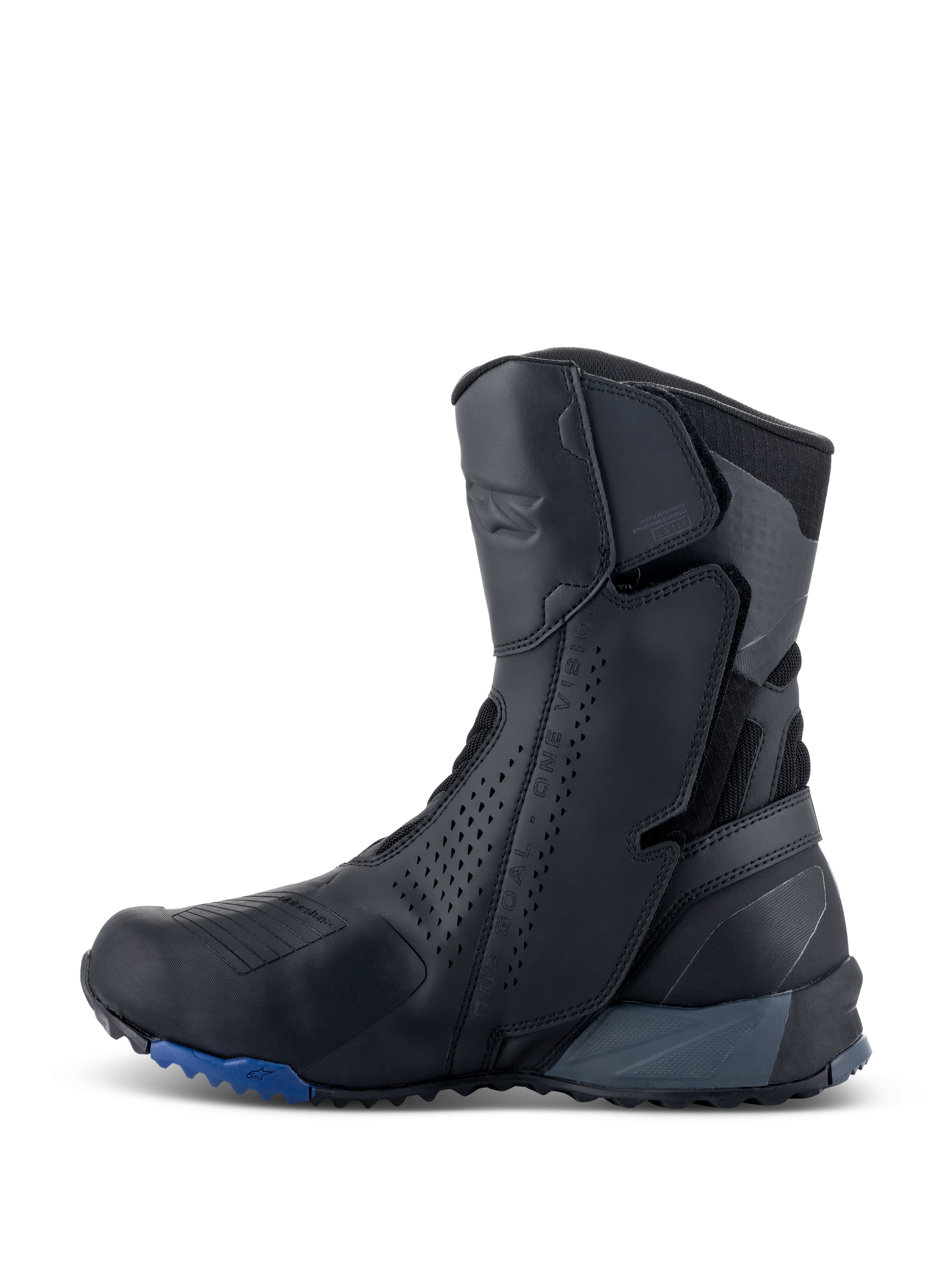 Alpinestars RT-8 GORE-TEX Boots, stivali da moto touring, nero e blu, vista di profilo laterale che mostra una tomaia in microfibra con pannelli traforati, zone di protezione integrate e una suola robusta con accenti blu