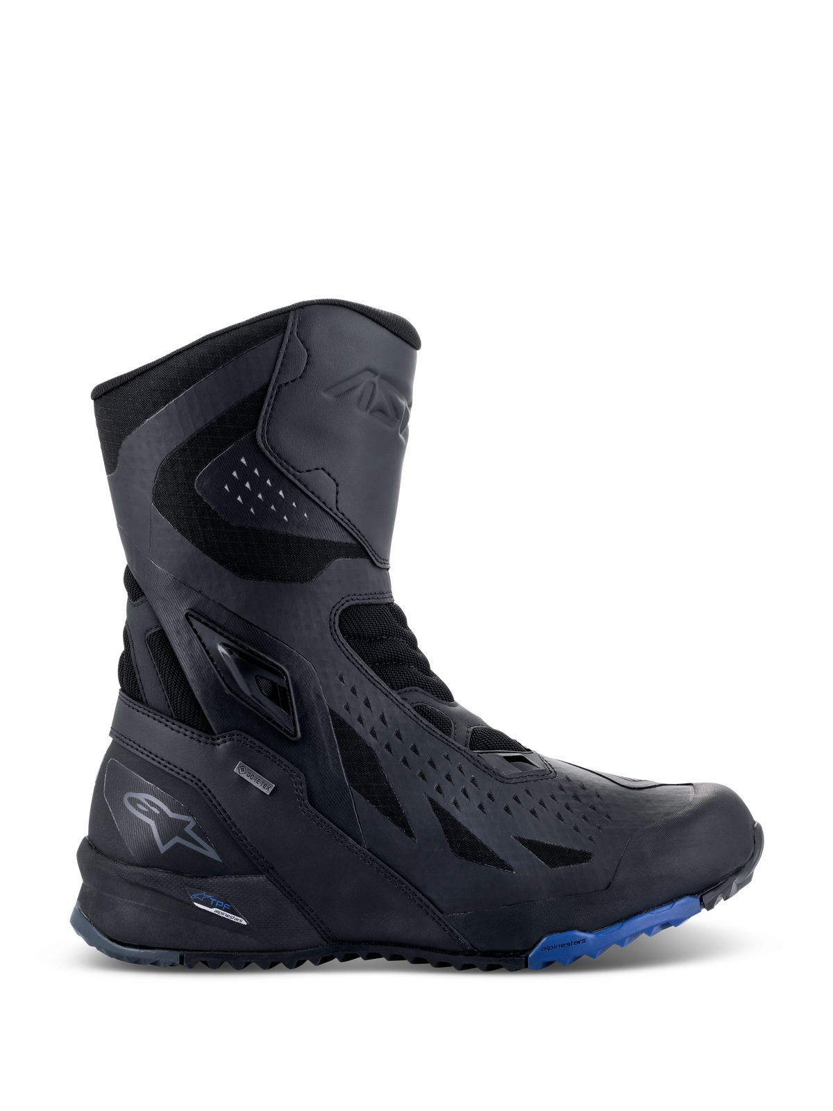 Alpinestars RT-8 GORE-TEX Boots, stivali da moto touring, nero con dettagli blu sulla suola, design tecnico alto con tomaia in microfibra e tessuto, perforazioni triangolari, logo GORE-TEX e suola robusta