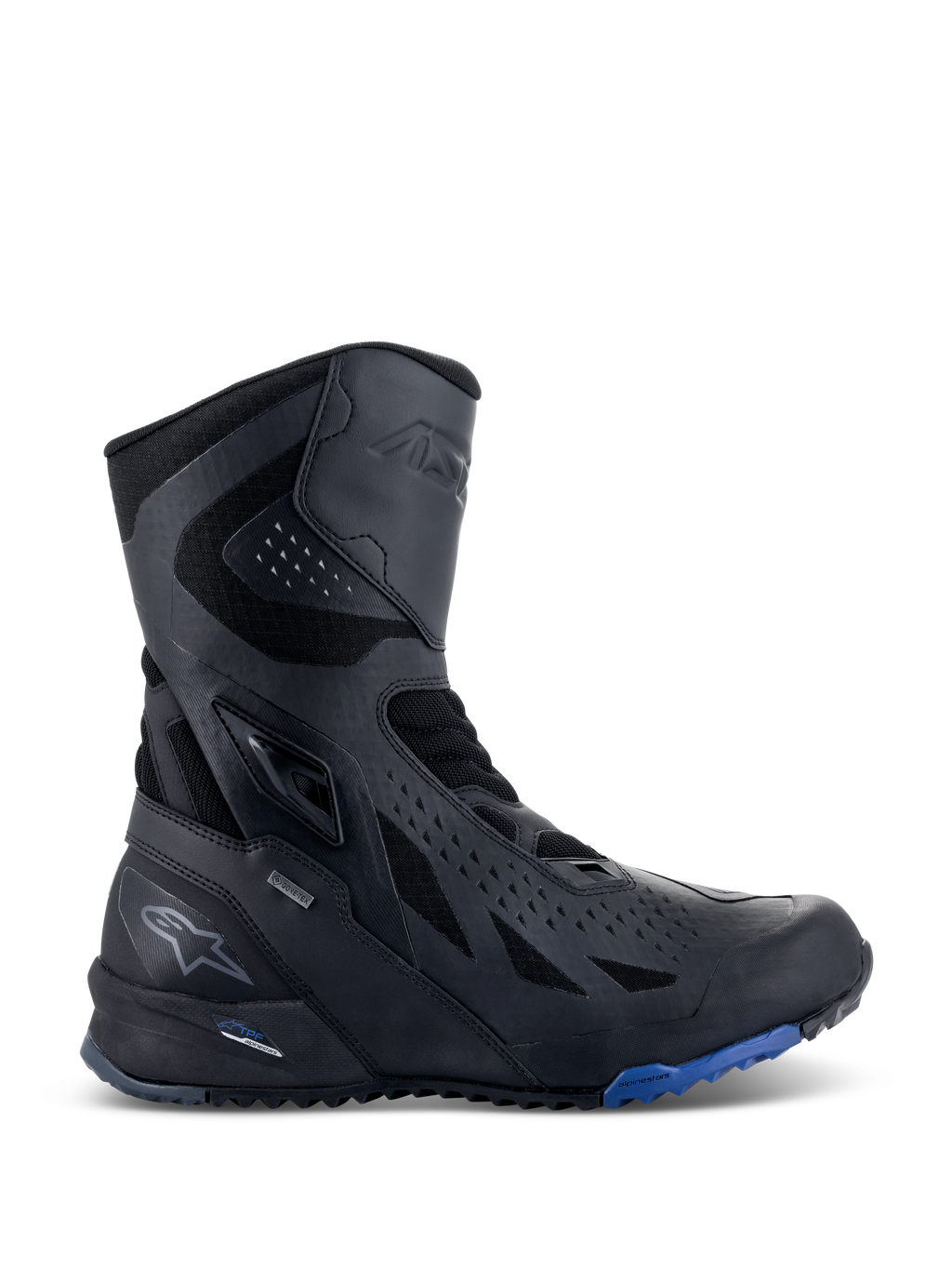 Alpinestars RT-8 GORE-TEX Boots, stivali da moto touring, nero con dettagli blu sulla suola, design tecnico alto con tomaia in microfibra e tessuto, perforazioni triangolari, logo GORE-TEX e suola robusta