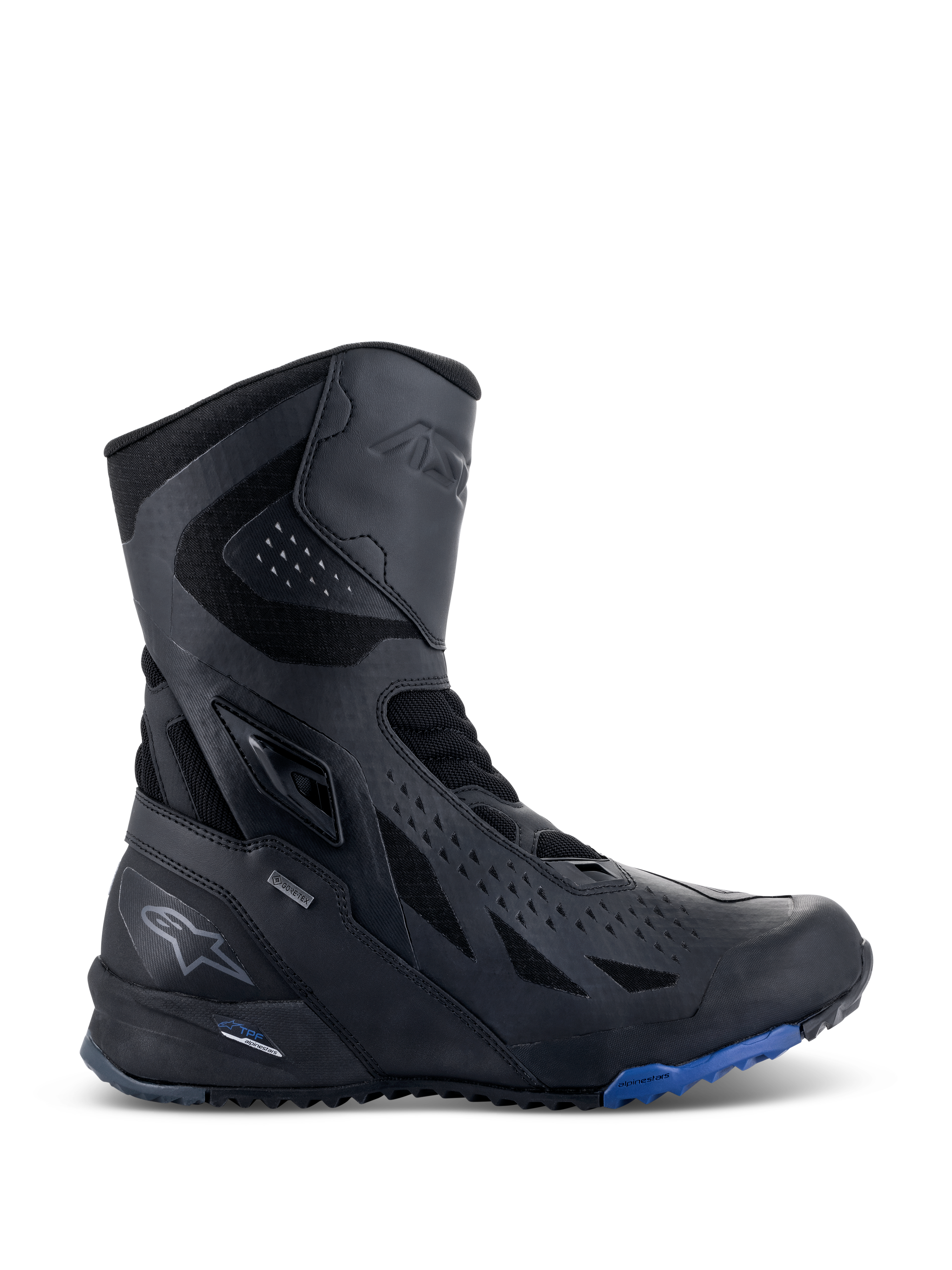 Alpinestars RT-8 GORE-TEX Boots, stivali da moto touring, nero con dettagli blu sulla suola, design tecnico alto con tomaia in microfibra e tessuto, perforazioni triangolari, logo GORE-TEX e suola robusta