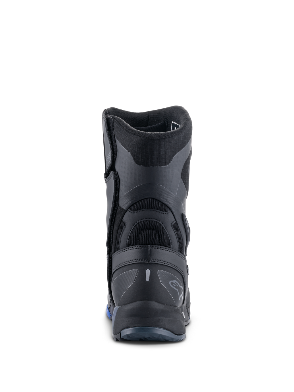 Alpinestars RT-8 GORE-TEX Boots, stivali da moto touring, nero e blu, vista posteriore che evidenzia il contrafforte del tallone rinforzato, i pannelli sintetici testurizzati e il discreto marchio Alpinestars.