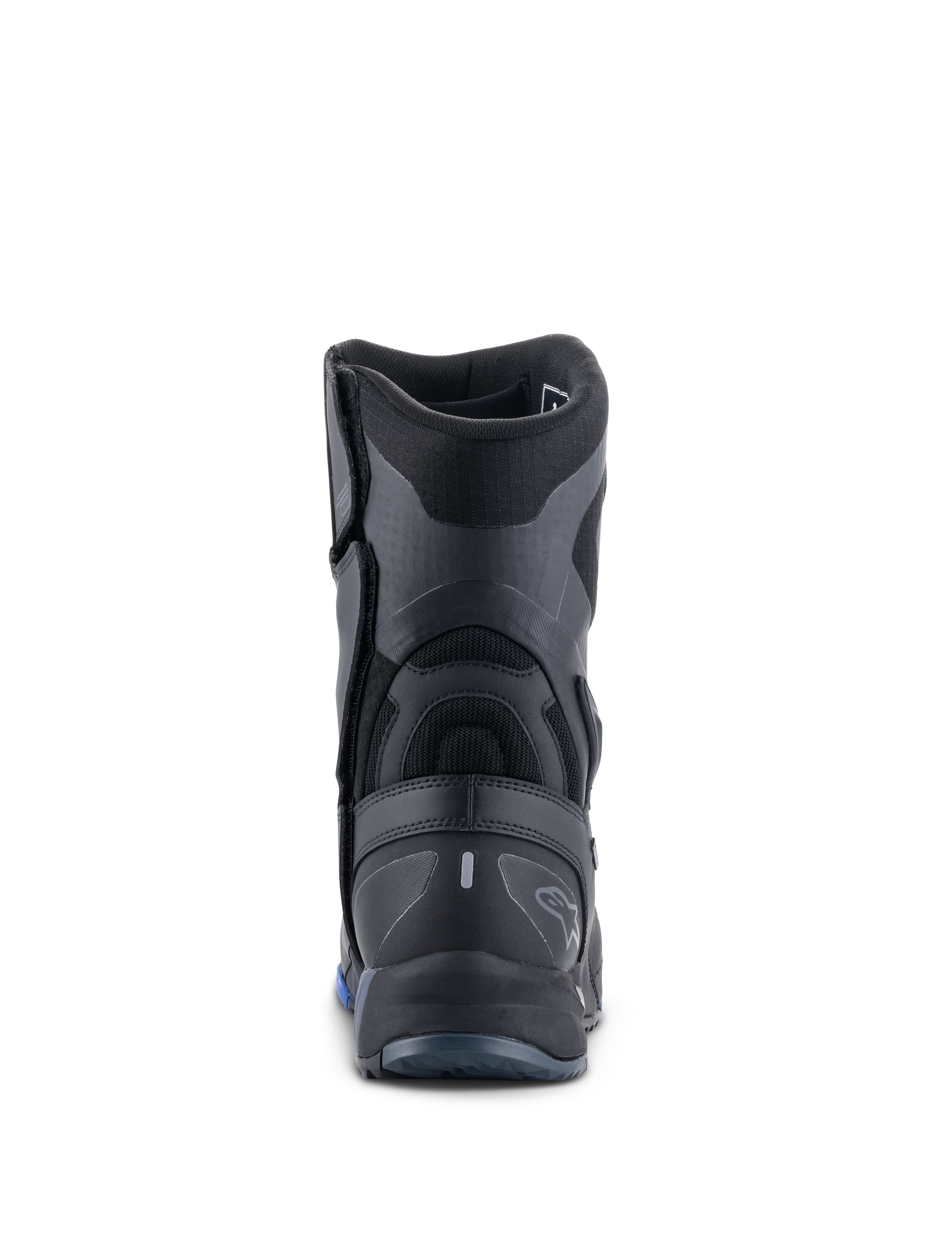 Alpinestars RT-8 GORE-TEX Boots, stivali da moto touring, nero e blu, vista posteriore che evidenzia il contrafforte del tallone rinforzato, i pannelli sintetici testurizzati e il discreto marchio Alpinestars.
