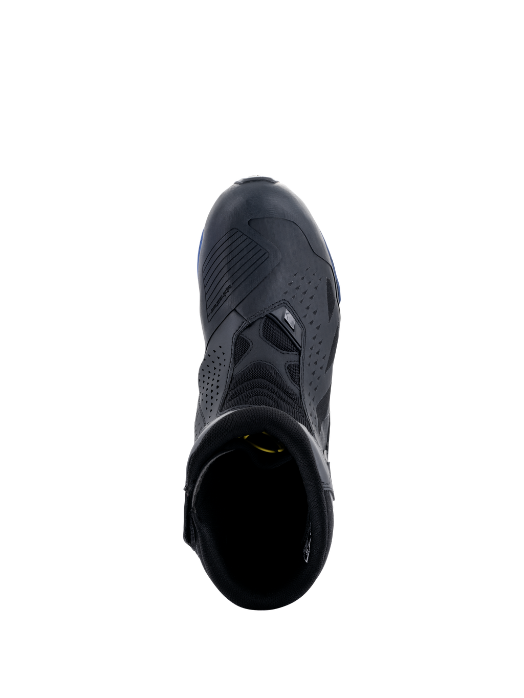Stivali Alpinestars RT-8 GORE-TEX, nero e blu, vista dall'alto che mostra la protezione per il cambio, pannelli in microfibra traforata e dettagli blu sulla suola, calzatura tecnica da moto touring impermeabile