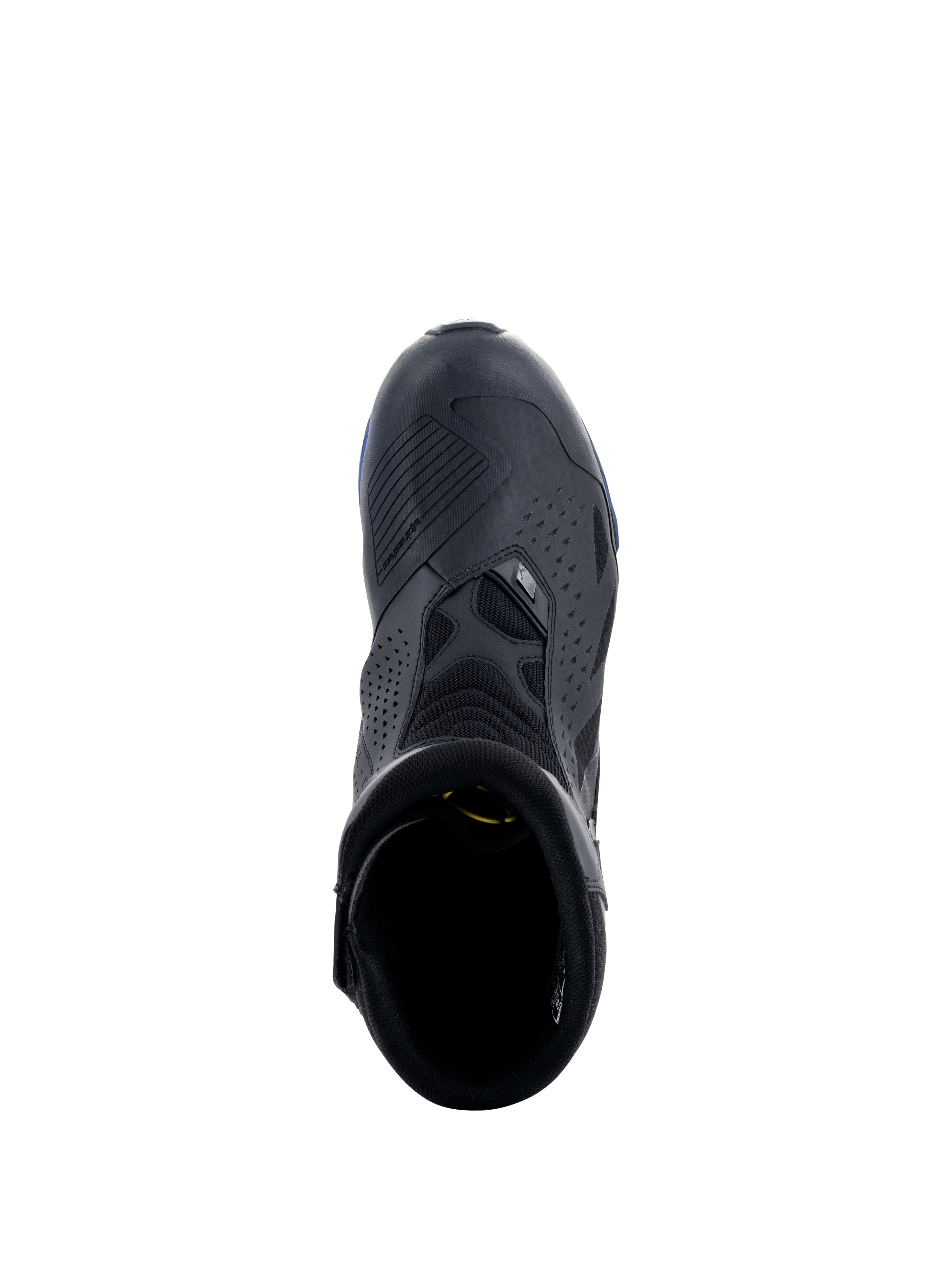 Stivali Alpinestars RT-8 GORE-TEX, nero e blu, vista dall'alto che mostra la protezione per il cambio, pannelli in microfibra traforata e dettagli blu sulla suola, calzatura tecnica da moto touring impermeabile