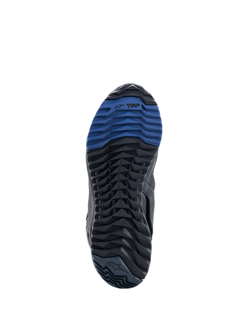 Stivali Alpinestars RT-8 GORE-TEX, vista della suola in gomma nera e blu con design del battistrada a tasselli e marchio TPF, progettati per trazione e comfort di camminata su terreni adventure touring.