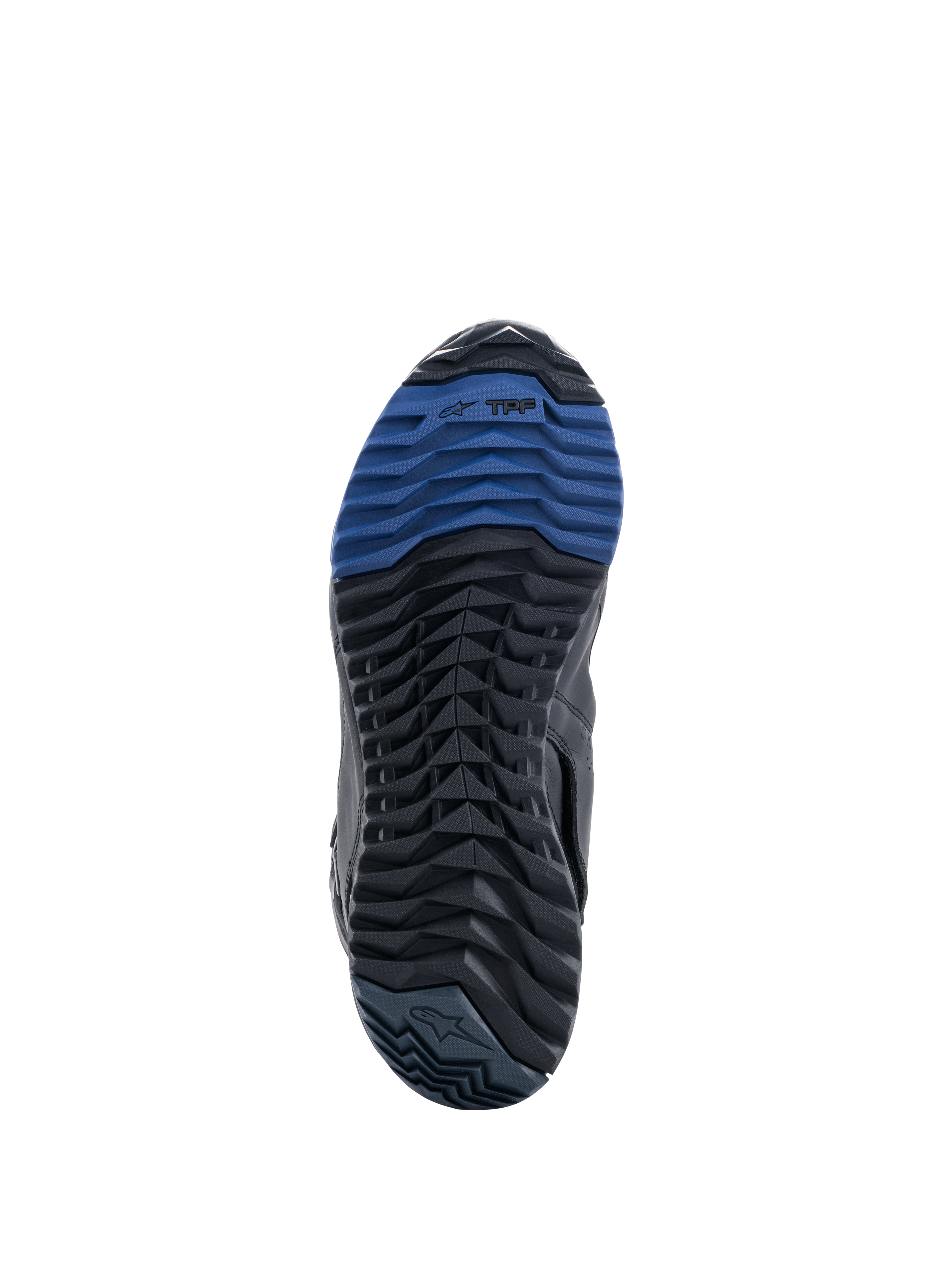 Stivali Alpinestars RT-8 GORE-TEX, vista della suola in gomma nera e blu con design del battistrada a tasselli e marchio TPF, progettati per trazione e comfort di camminata su terreni adventure touring.