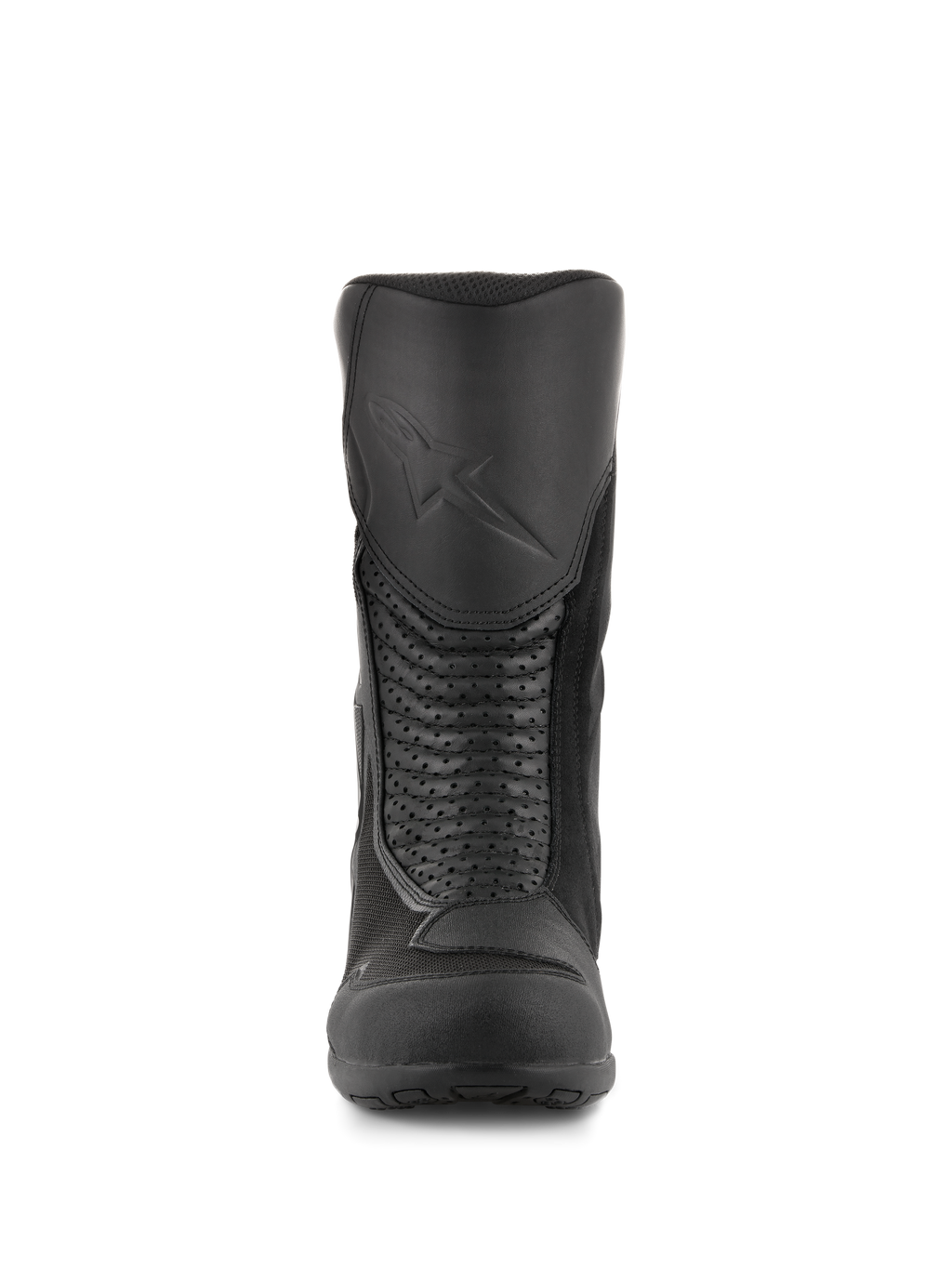 Stivali Alpinestars Air Plus V2 GORE-TEX, stivali da moto touring, nero, vista frontale che mostra il parastinchi sagomato con logo in rilievo, i pannelli a soffietto in pelle traforata per la flessibilità e gli inserti in mesh traspirante.