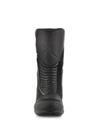 Stivali Alpinestars Air Plus V2 GORE-TEX, stivali da moto touring, nero, vista frontale che mostra il parastinchi sagomato con logo in rilievo, i pannelli a soffietto in pelle traforata per la flessibilità e gli inserti in mesh traspirante.