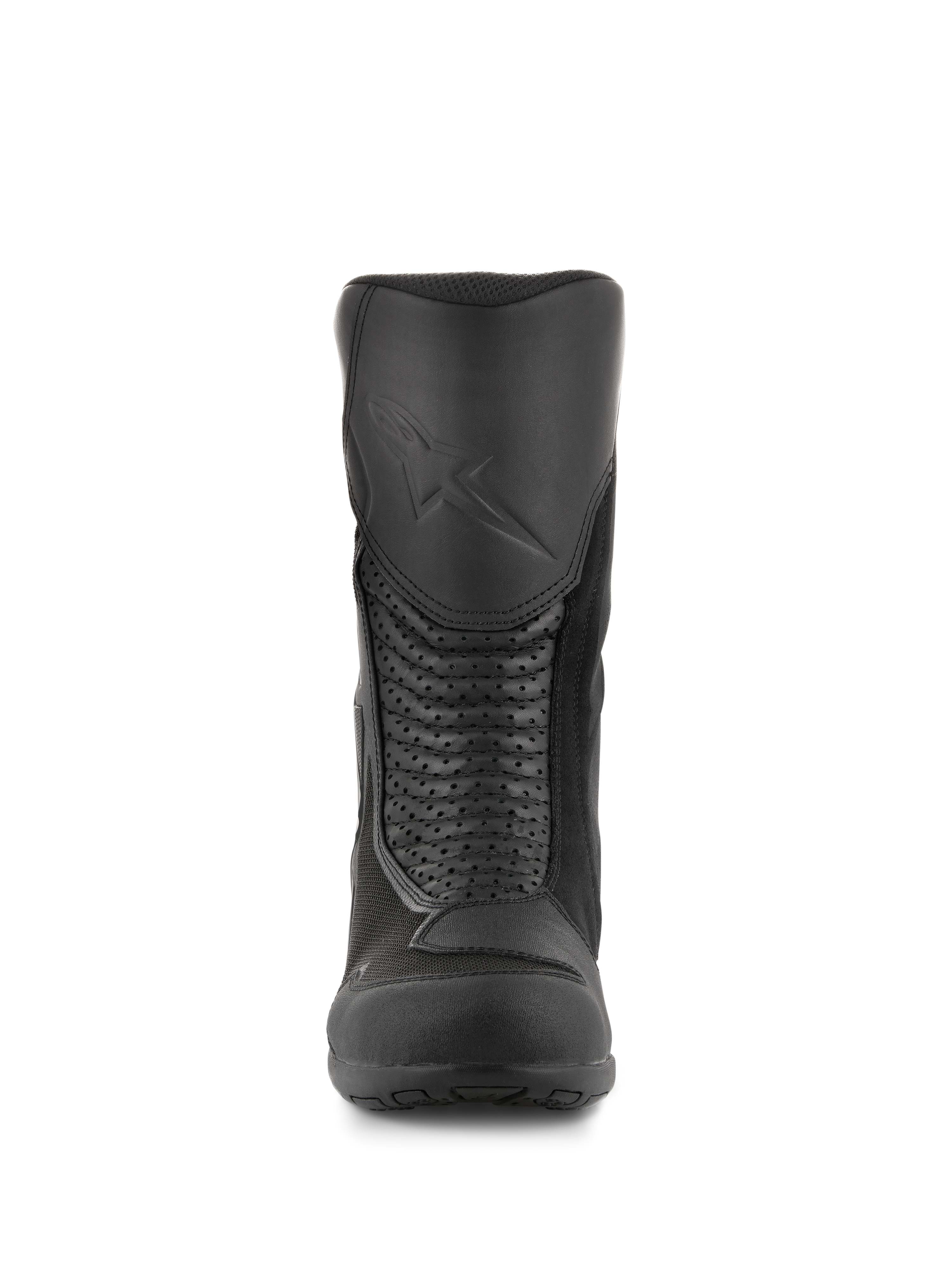 Stivali Alpinestars Air Plus V2 GORE-TEX, stivali da moto touring, nero, vista frontale che mostra il parastinchi sagomato con logo in rilievo, i pannelli a soffietto in pelle traforata per la flessibilità e gli inserti in mesh traspirante.