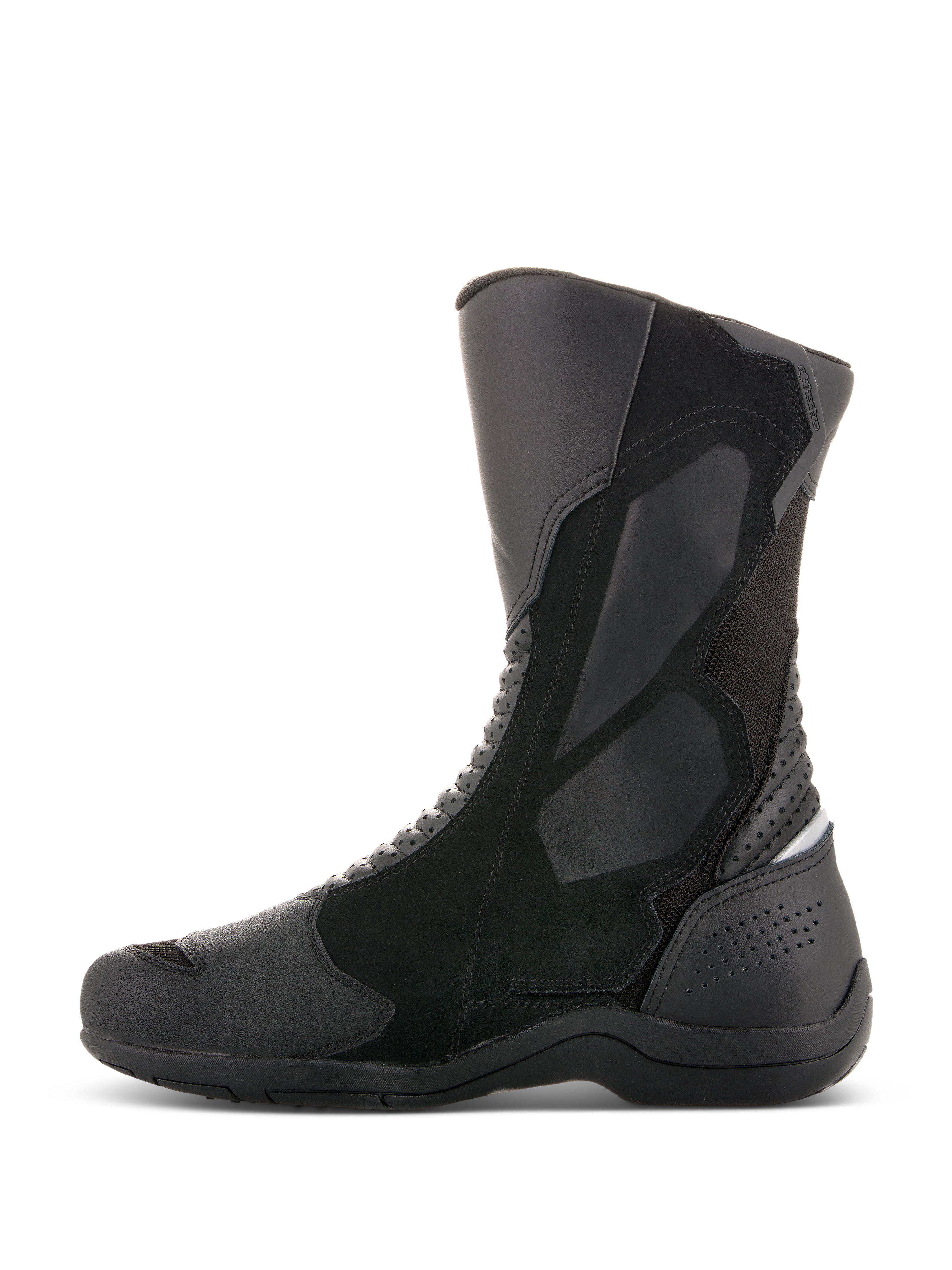 Stivali Alpinestars Air Plus V2 GORE-TEX, stivali da moto touring, nero, vista di profilo laterale, costruzione multi-materiale con pannelli in pelle e mesh ventilato, design a taglio alto con protezione rinforzata su tibia e tallone per la guida in ogni condizione meteorologica