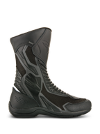 Stivali Alpinestars Air Plus V2 GORE-TEX, stivali neri da moto touring, vista laterale con mesh ventilato e pelle traforata, design impermeabile e traspirante, zone protettive rinforzate, robusta suola in gomma, dettaglio logo GORE-TEX