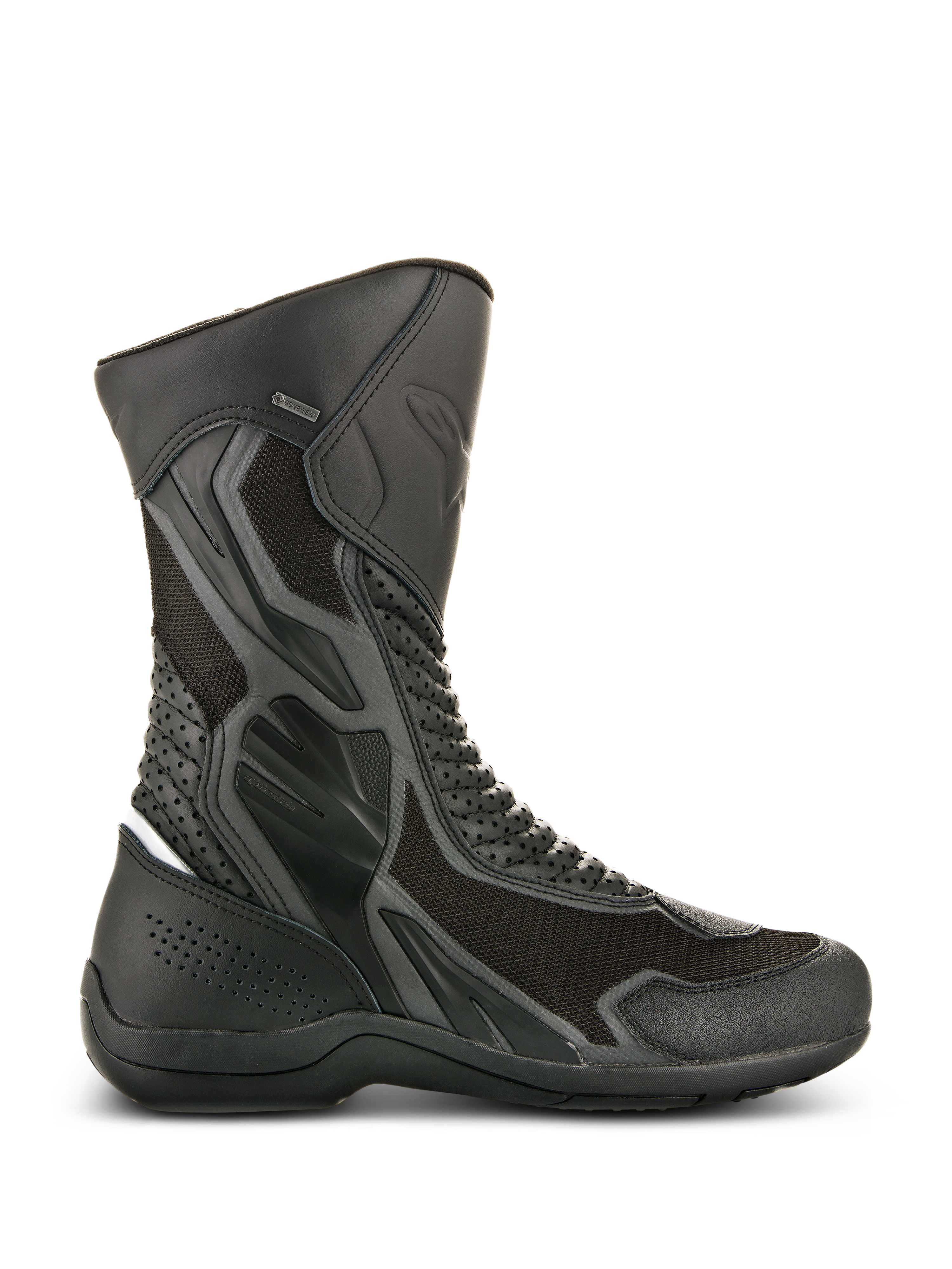 Stivali Alpinestars Air Plus V2 GORE-TEX, stivali neri da moto touring, vista laterale con mesh ventilato e pelle traforata, design impermeabile e traspirante, zone protettive rinforzate, robusta suola in gomma, dettaglio logo GORE-TEX