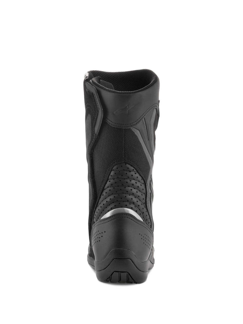 Stivali Alpinestars Air Plus V2 GORE-TEX, stivali da moto touring, nero, vista posteriore che mostra la zona del tallone e del polpaccio, con inserto catarifrangente argento, pannelli a soffietto in pelle traforata e costruzione in mesh traspirante