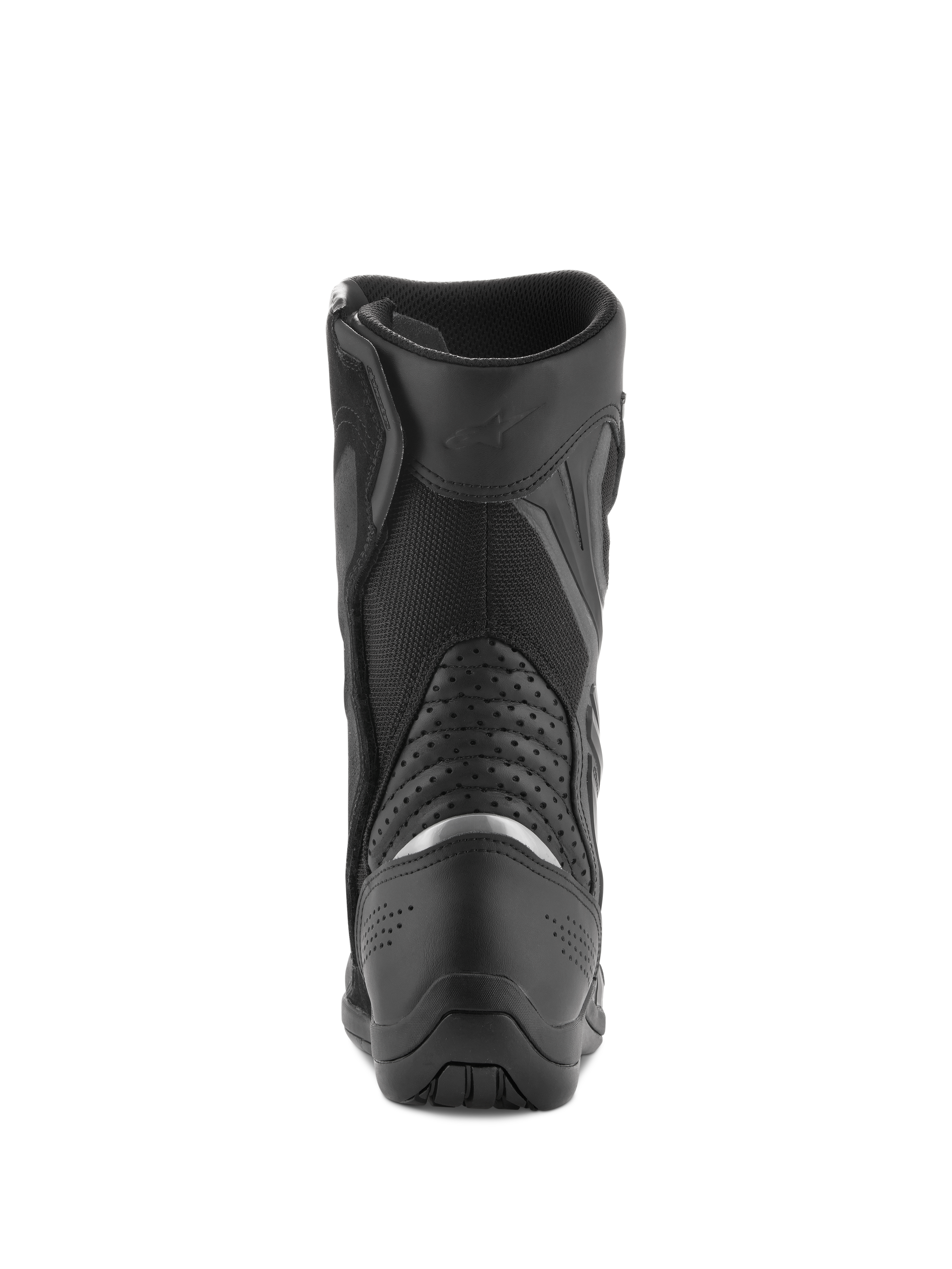 Stivali Alpinestars Air Plus V2 GORE-TEX, stivali da moto touring, nero, vista posteriore che mostra la zona del tallone e del polpaccio, con inserto catarifrangente argento, pannelli a soffietto in pelle traforata e costruzione in mesh traspirante