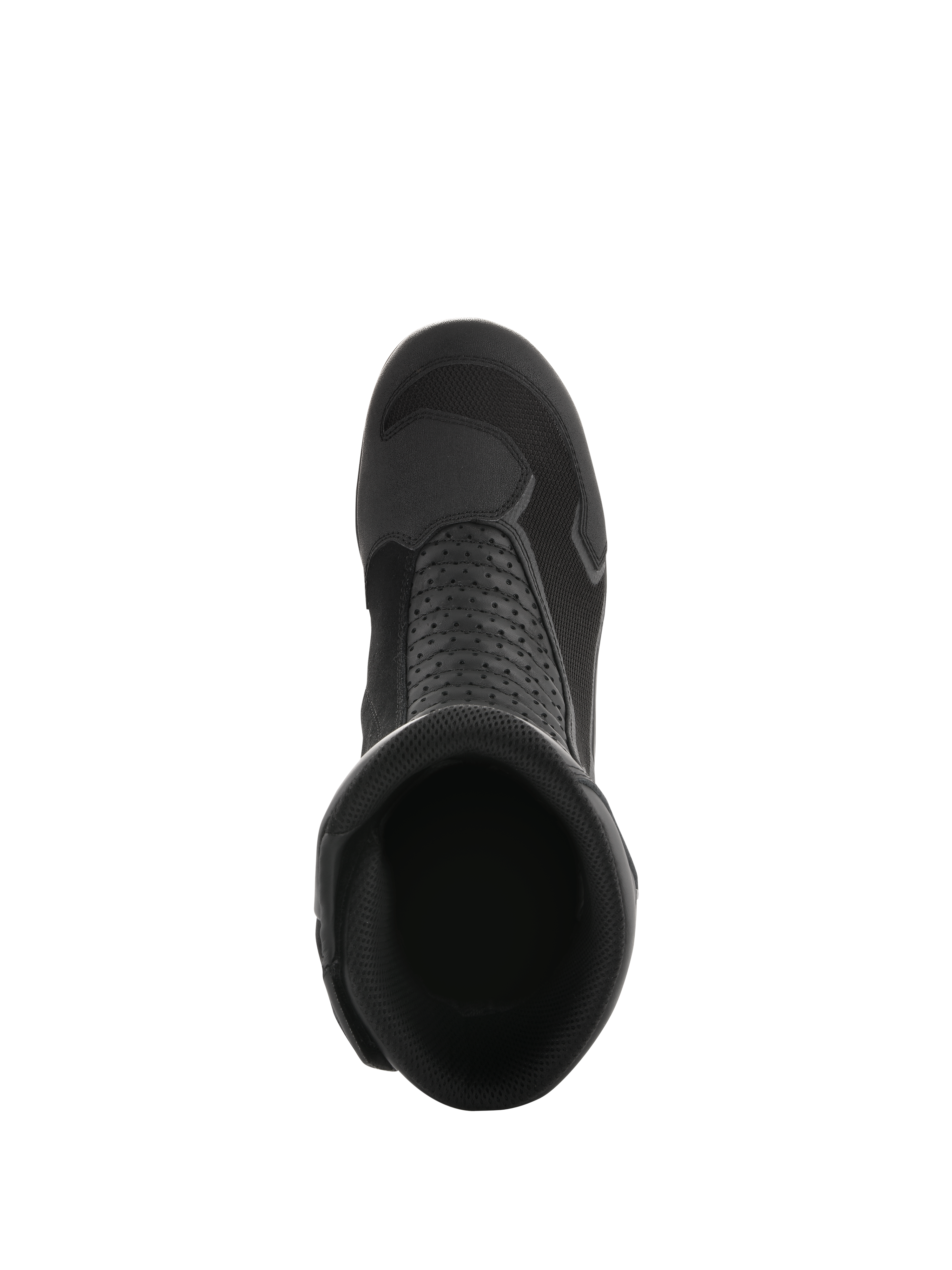 Stivali Alpinestars Air Plus V2 GORE-TEX, nero, vista dall'alto dell'apertura dello stivale, mostra la struttura in mesh traspirante, i pannelli in pelle traforata e il design aerodinamico per il mototurismo.
