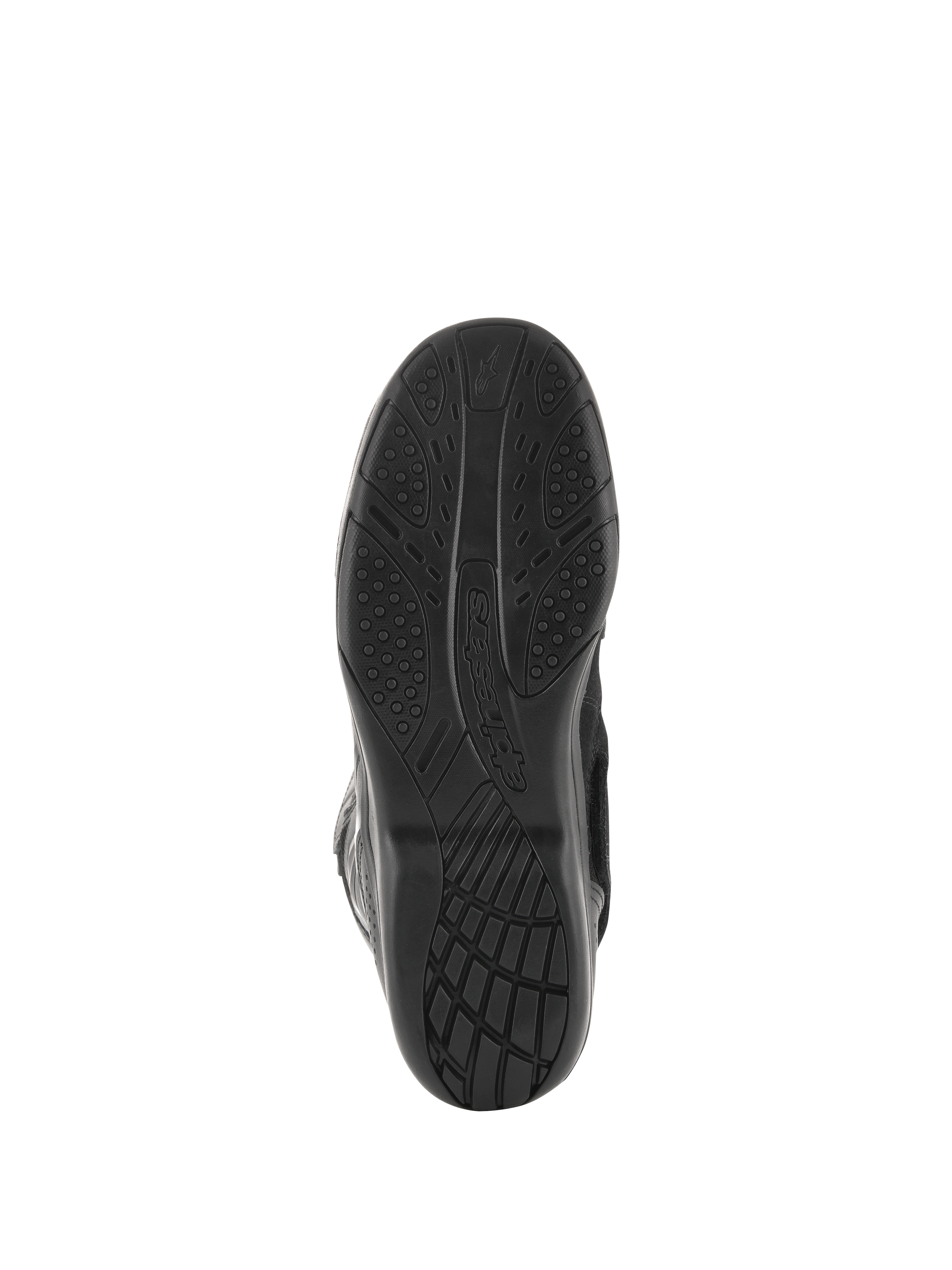 Stivali Alpinestars Air Plus V2 GORE-TEX, stivali da moto touring, nero, vista della suola che mostra l'esclusivo disegno del battistrada in mescola di gomma per grip e comfort, con logo Alpinestars