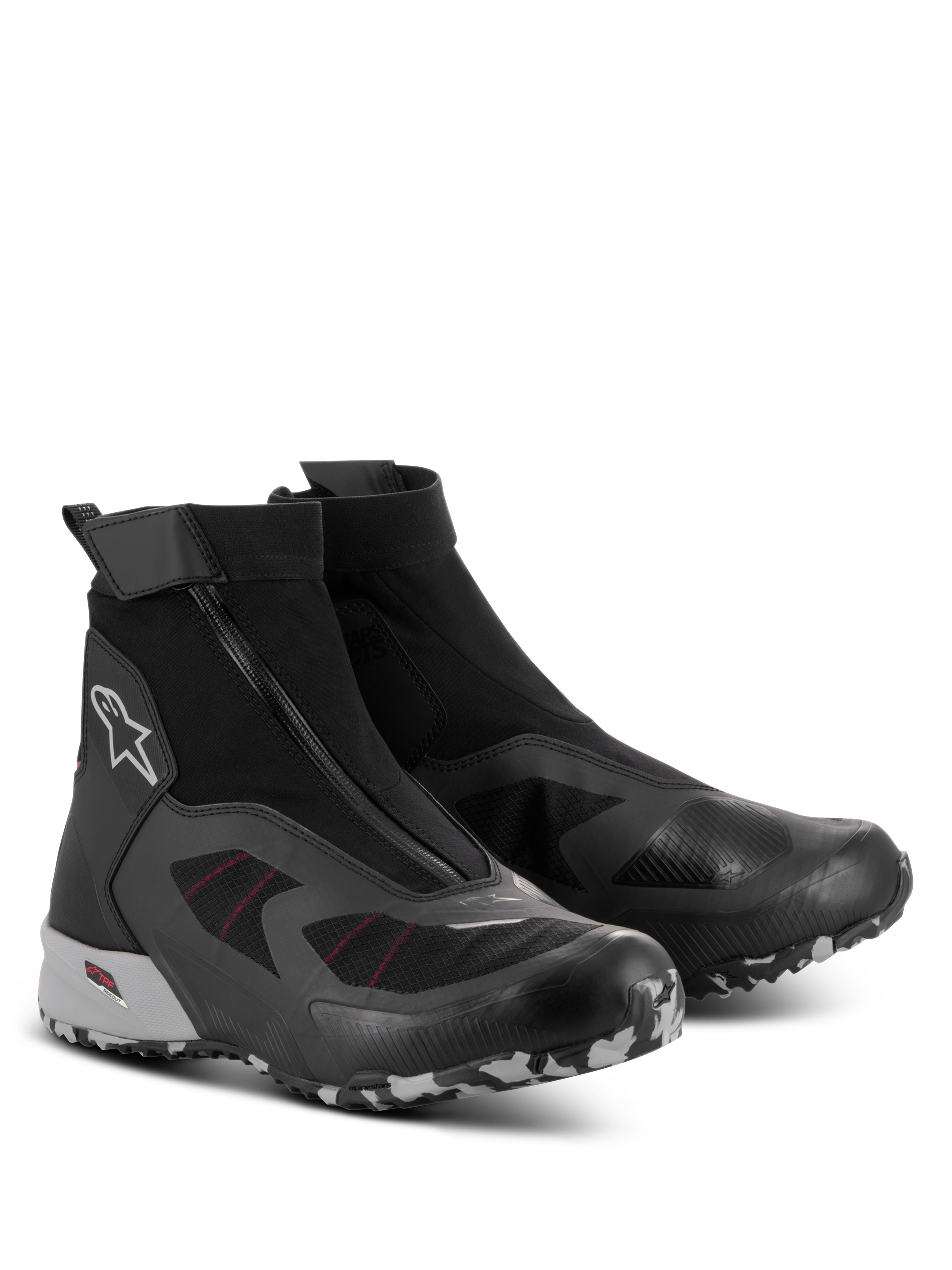 Scarpe Alpinestars CR-8 GORE-TEX, scarpe da moto impermeabili, nero, grigio medio e rosso brillante, con cerniera angolata, struttura a stivaletto elasticizzata e suola carrarmato con motivo camouflage
