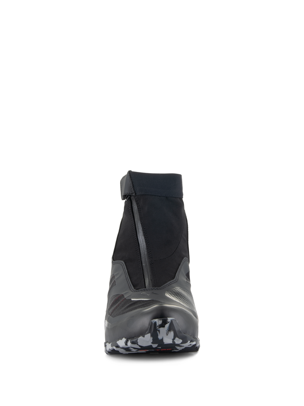 Scarpe Alpinestars CR-8 GORE-TEX, scarpe da moto, nero, grigio medio e rosso acceso, vista frontale con cerniera impermeabile angolata e colletto elasticizzato, suola con motivo mimetico, design touring impermeabile ed elegante