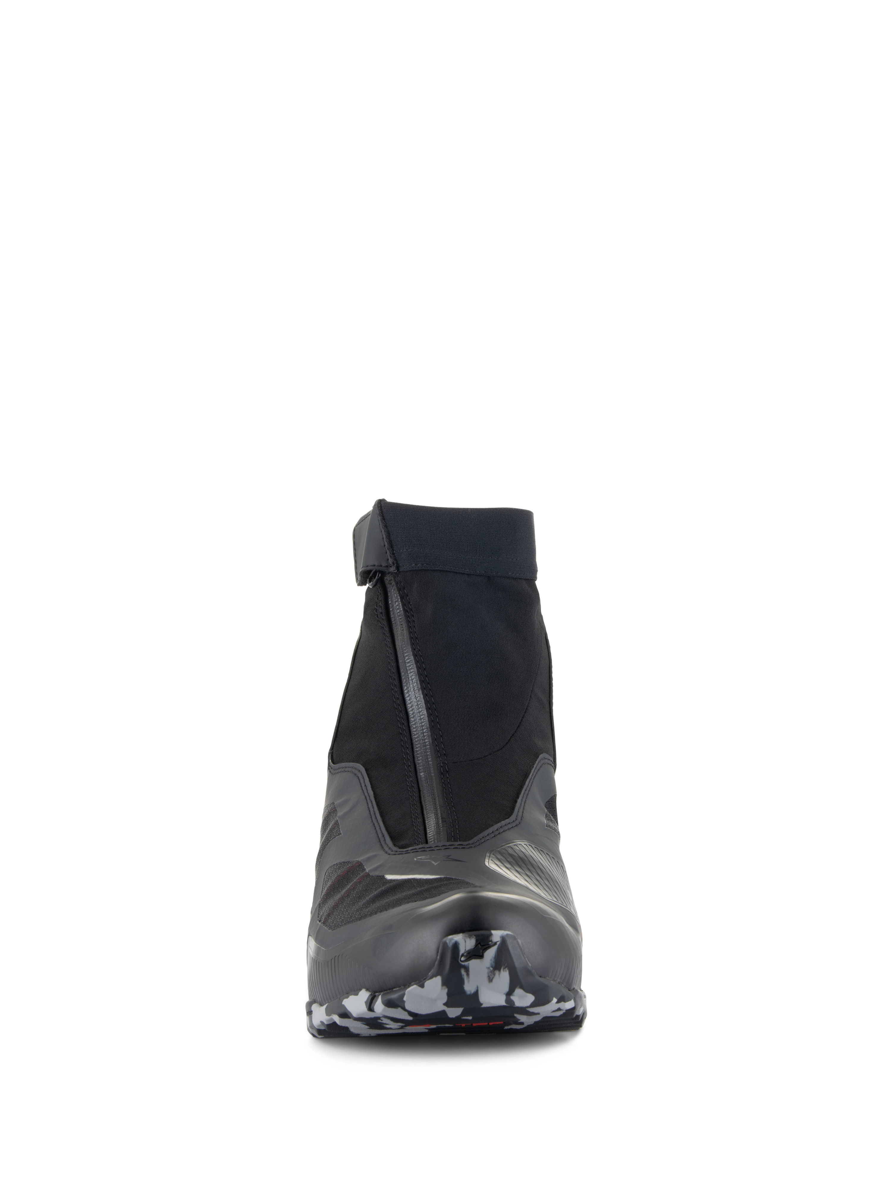Scarpe Alpinestars CR-8 GORE-TEX, scarpe da moto, nero, grigio medio e rosso acceso, vista frontale con cerniera impermeabile angolata e colletto elasticizzato, suola con motivo mimetico, design touring impermeabile ed elegante