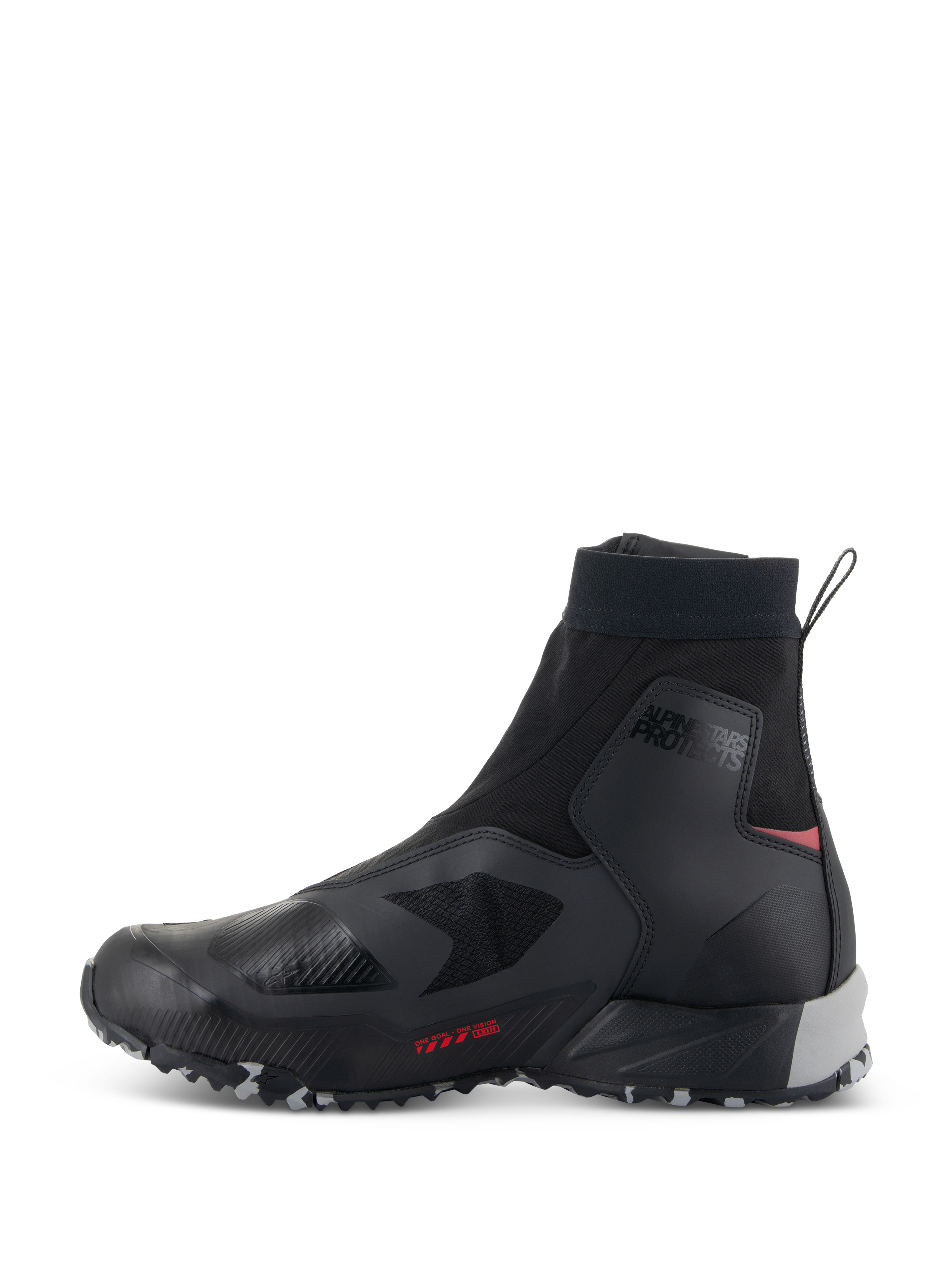 Alpinestars CR-8 GORE-TEX Shoes, scarpe da moto impermeabili, nero, grigio medio e rosso brillante, vista di profilo con tomaia in tessuto nero, colletto elasticizzato alto, marchio 'ALPINESTARS PROTECTS' sulla caviglia, supporto del tallone grigio e accenti rosso brillante.
