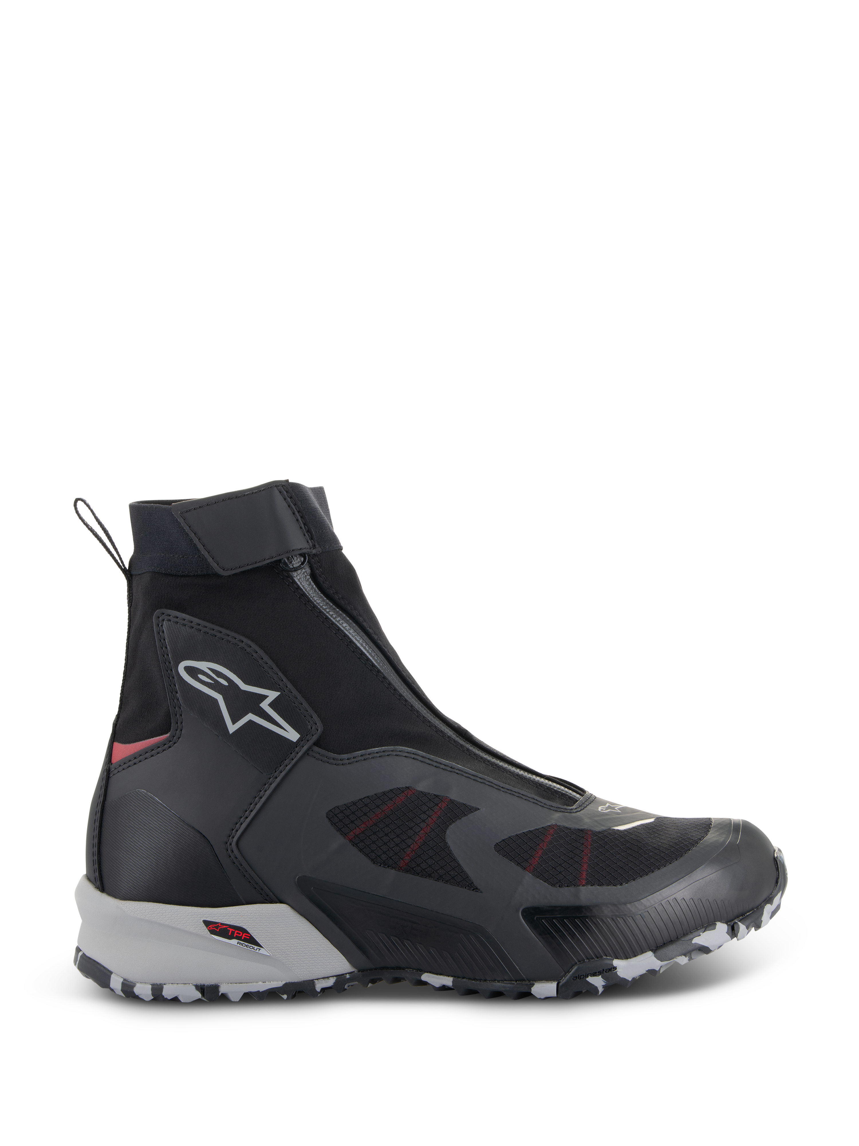 Scarpe Alpinestars CR-8 GORE-TEX, stivali da moto impermeabili, nero e grigio medio con dettagli rosso acceso, design a collo alto con cerniera frontale angolata, costruzione in tessuto senza cuciture e suola robusta marmorizzata grigia e bianca