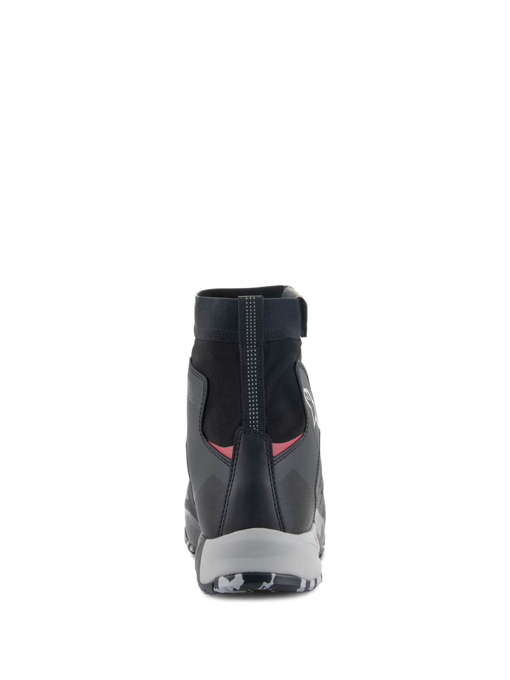 Scarpe Alpinestars CR-8 GORE-TEX, scarpe da moto impermeabili, nero, grigio medio e rosso vivace, vista posteriore con colletto elasticizzato a taglio alto, tallone rinforzato e intersuola grigia