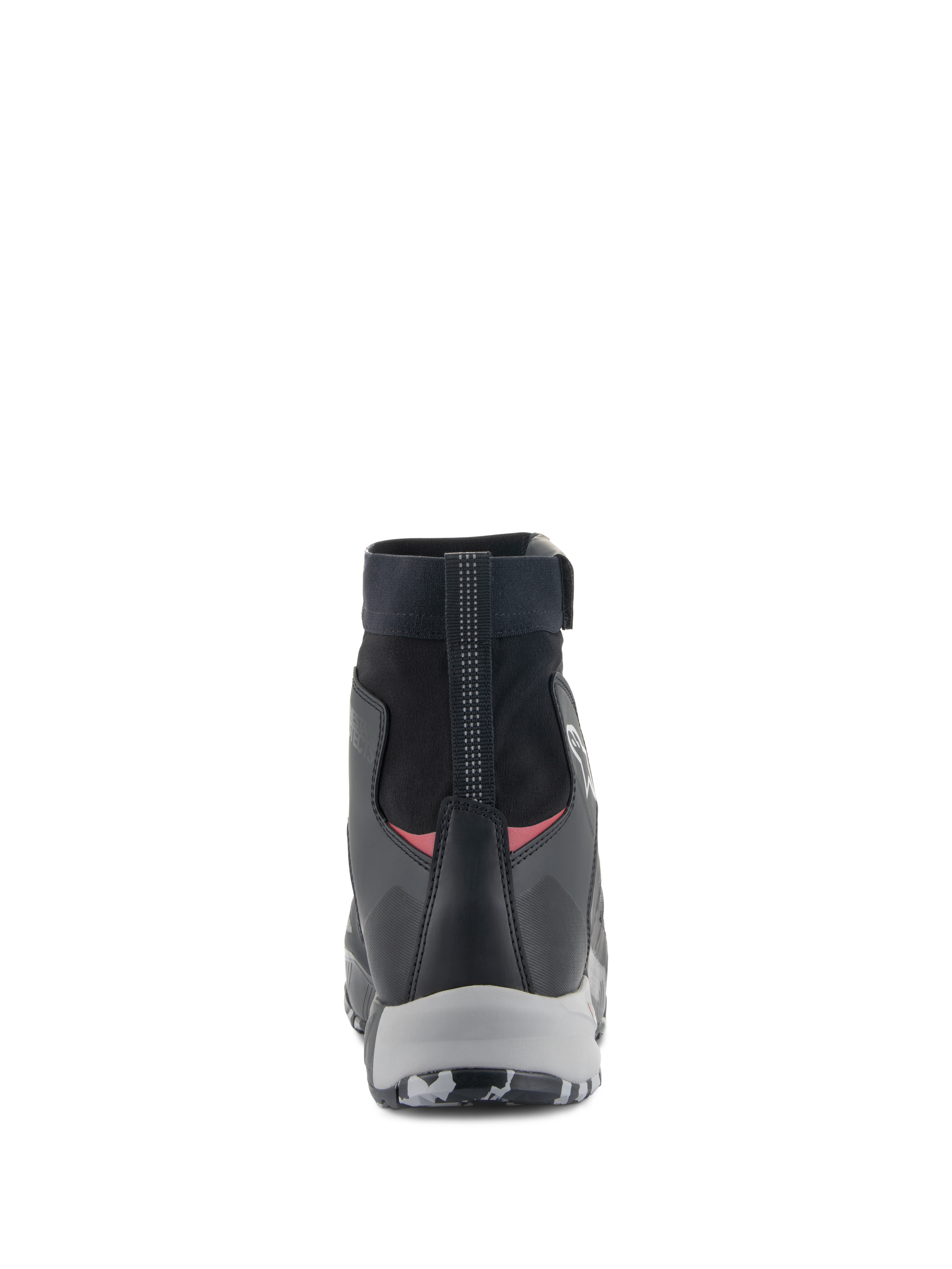 Scarpe Alpinestars CR-8 GORE-TEX, scarpe da moto impermeabili, nero, grigio medio e rosso vivace, vista posteriore con colletto elasticizzato a taglio alto, tallone rinforzato e intersuola grigia