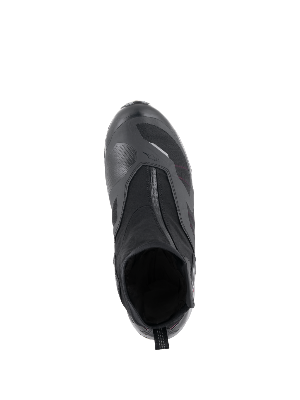 Scarpa Alpinestars CR-8 GORE-TEX in Nero, Grigio Medio e Rosso Brillante, vista dall'alto con cerniera impermeabile angolata, struttura interna a stivaletto e rinforzo del cambio testurizzato per il touring motociclistico in ogni condizione climatica
