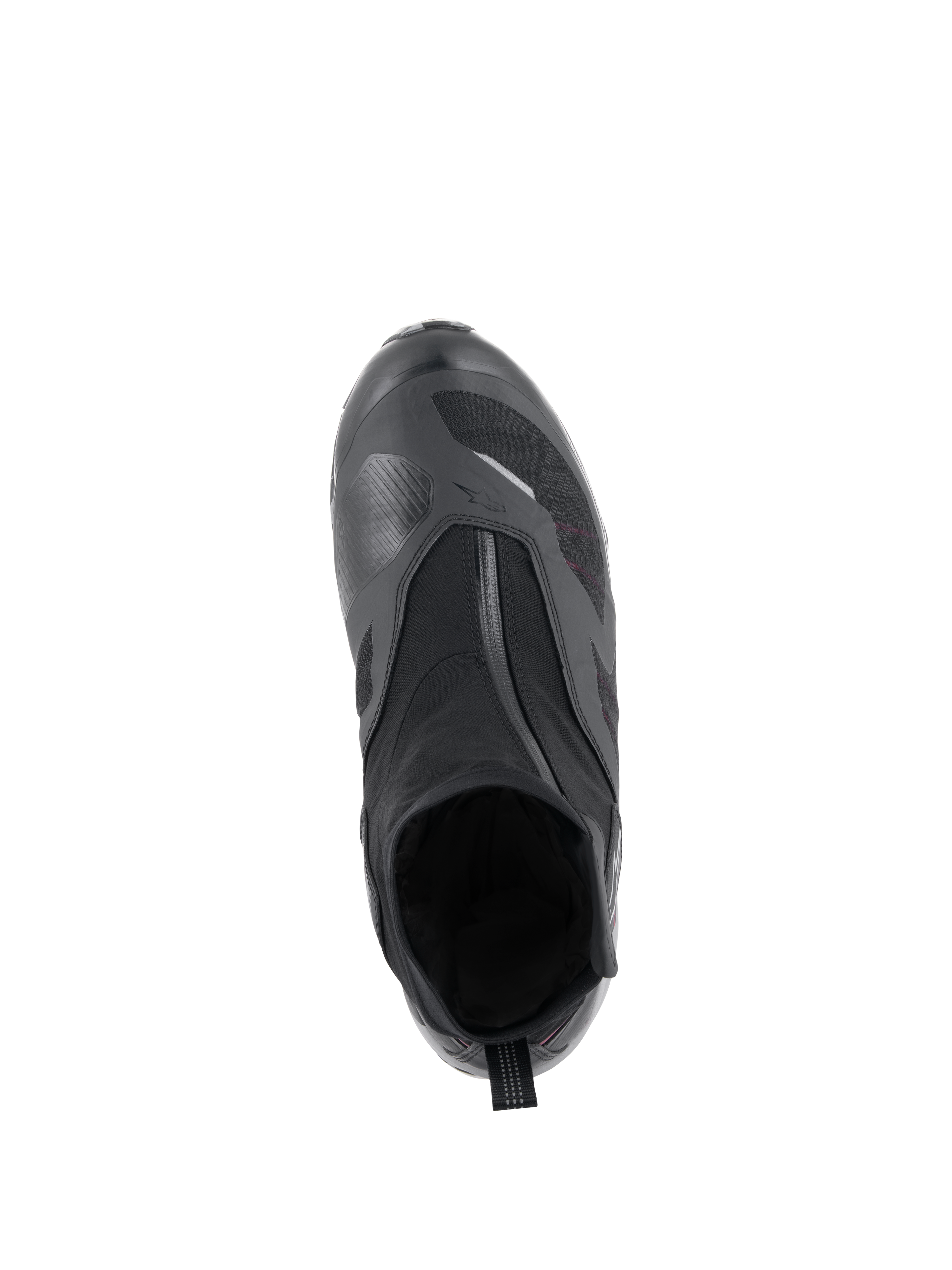 Scarpa Alpinestars CR-8 GORE-TEX in Nero, Grigio Medio e Rosso Brillante, vista dall'alto con cerniera impermeabile angolata, struttura interna a stivaletto e rinforzo del cambio testurizzato per il touring motociclistico in ogni condizione climatica