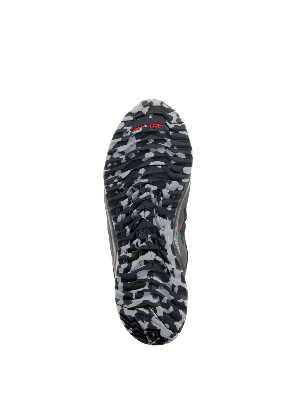 Scarpe Alpinestars CR-8 GORE-TEX, vista della suola, motivo camouflage nero e grigio medio, logo TPF rosso su suola in gomma testurizzata, dettaglio calzatura touring impermeabile
