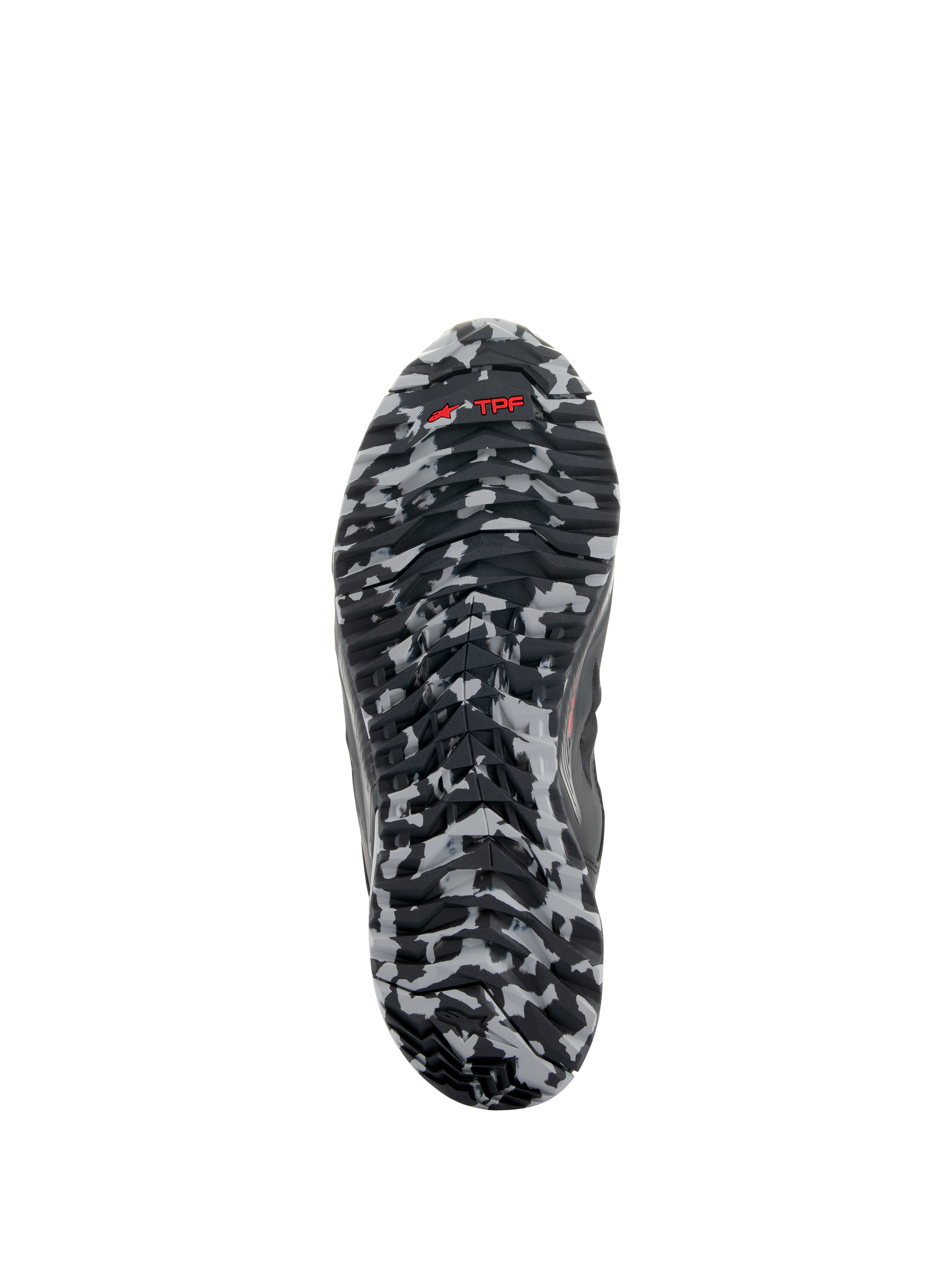 Scarpe Alpinestars CR-8 GORE-TEX, vista della suola, motivo camouflage nero e grigio medio, logo TPF rosso su suola in gomma testurizzata, dettaglio calzatura touring impermeabile