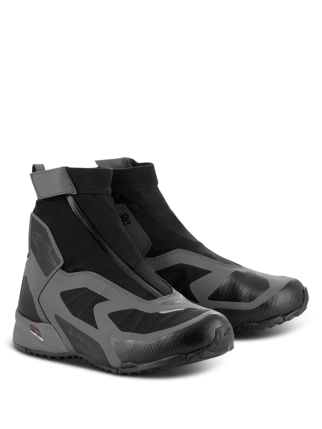 Scarpe Alpinestars CR-8 GORE-TEX, scarpe da moto, nero, grigio scuro e blu petrolio, caratterizzate da un design impermeabile a taglio alto con chiusura a cerniera angolata e marchio GORE-TEX