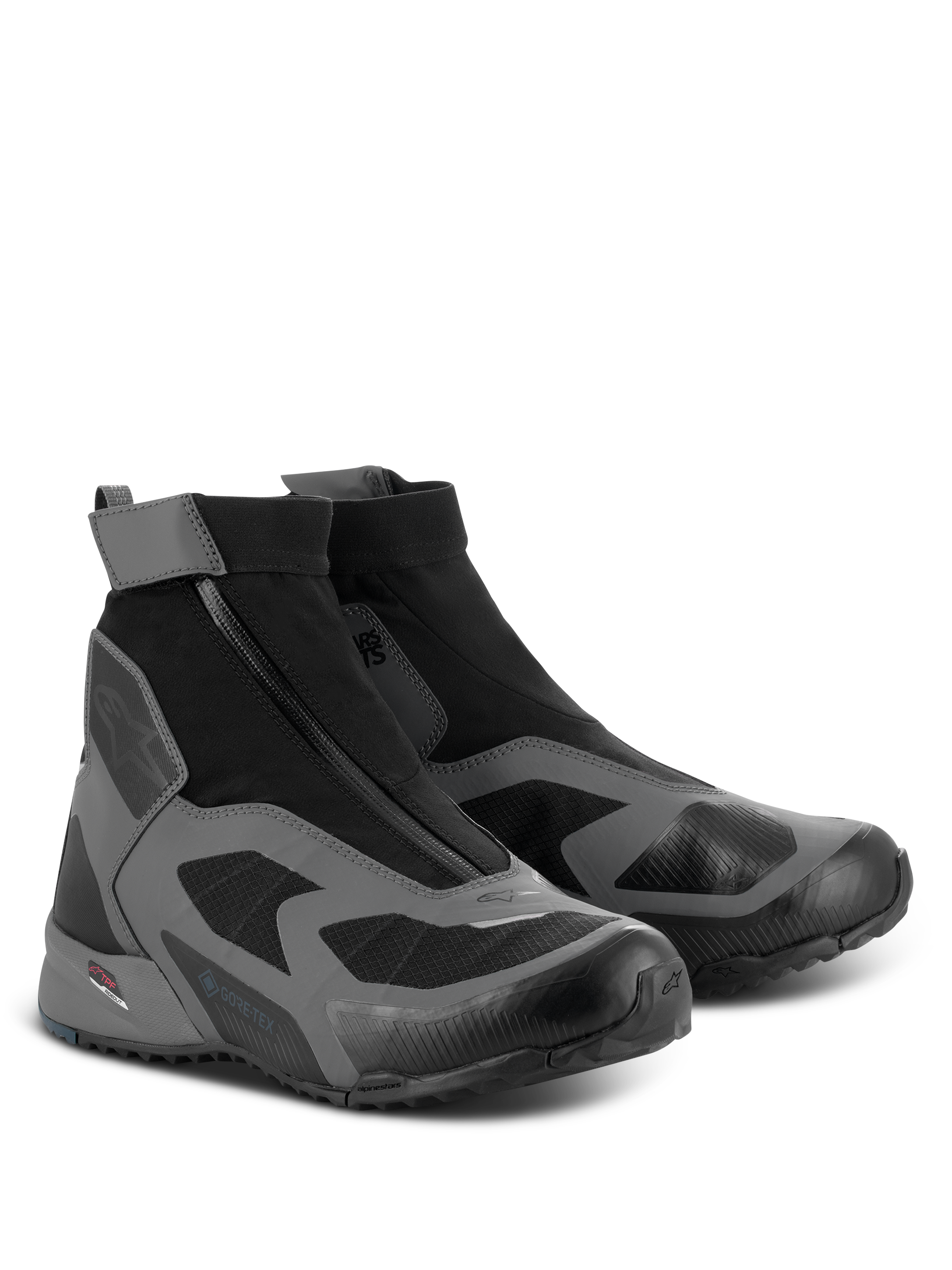Scarpe Alpinestars CR-8 GORE-TEX, scarpe da moto, nero, grigio scuro e blu petrolio, caratterizzate da un design impermeabile a taglio alto con chiusura a cerniera angolata e marchio GORE-TEX