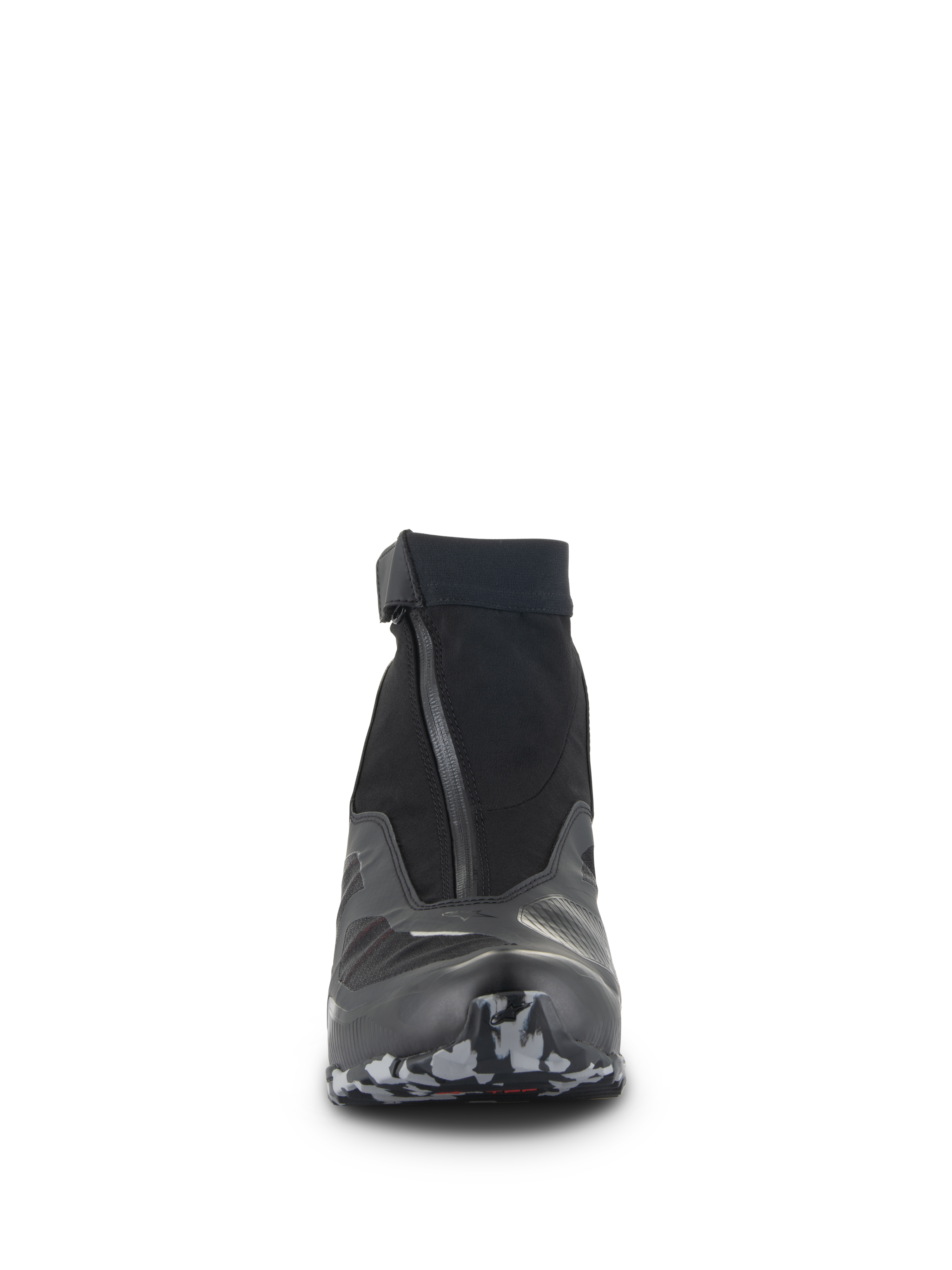 Scarpe Alpinestars CR-8 GORE-TEX, vista frontale, nero e grigio scuro, scarpa da moto dal taglio alto con cerniera impermeabile angolata, colletto elasticizzato e punta della suola testurizzata, calzatura tecnica da adventure touring