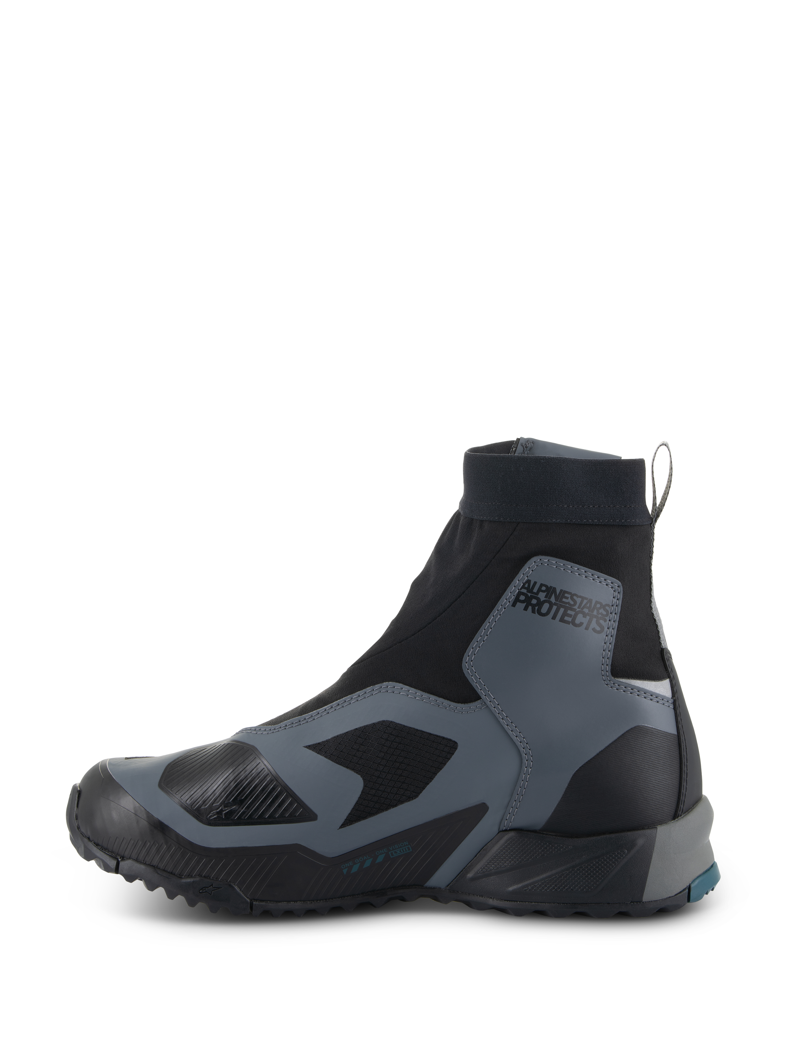 Scarpe Alpinestars CR-8 GORE-TEX, scarpe da moto, nero e grigio scuro, profilo laterale con stivaletto elasticizzato a taglio alto, sovrapposizioni protettive, logo 'ALPINESTARS PROTECTS' sulla caviglia e suola in gomma resistente, impermeabili e traspiranti per touring d'avventura.