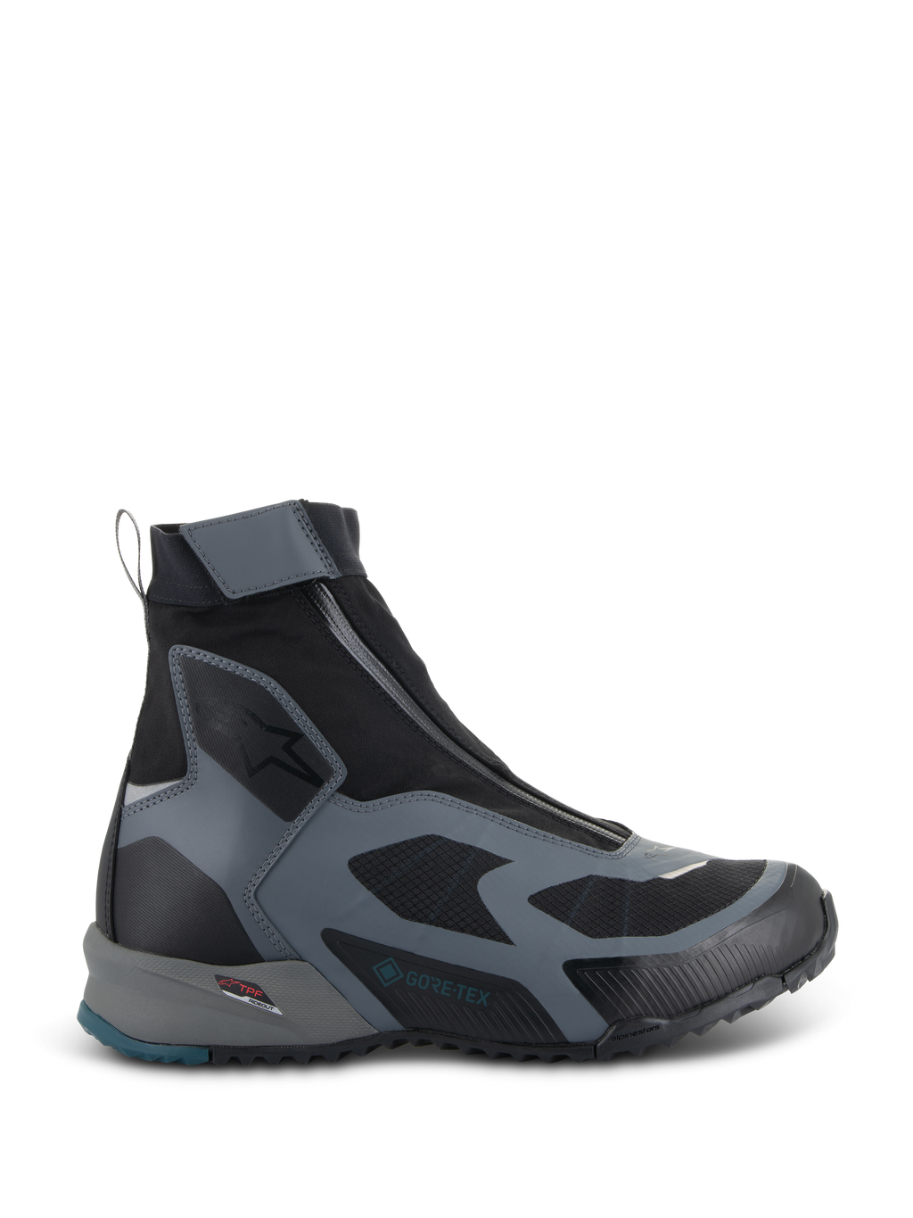 Scarpe Alpinestars CR-8 GORE-TEX, stivali da moto neri e grigio scuro, design impermeabile a collo alto con cerniera angolata, pannelli in tessuto traspirante, telaio di protezione TPF, suola robusta con dettaglio blu petrolio sul tallone