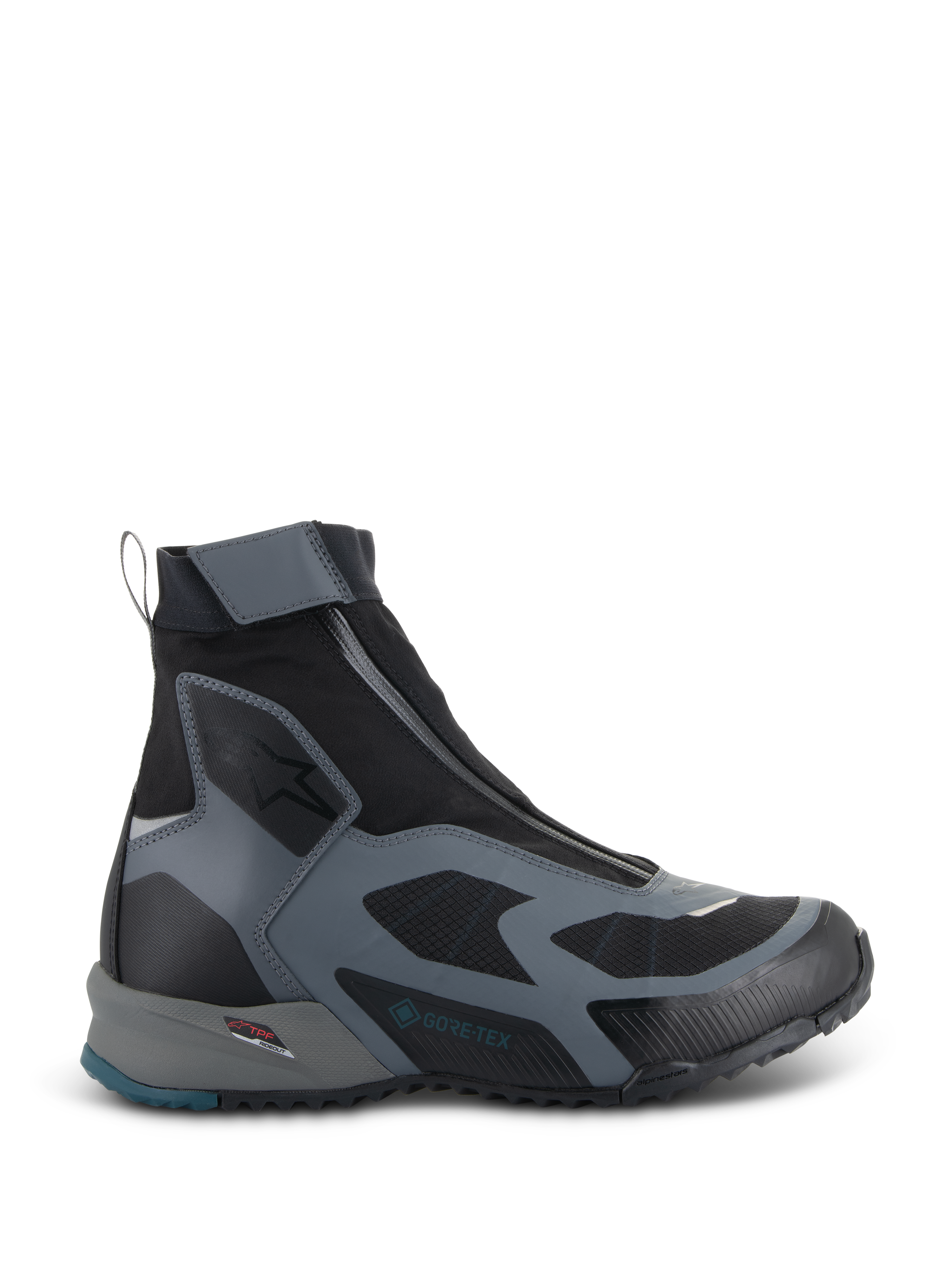 Scarpe Alpinestars CR-8 GORE-TEX, stivali da moto neri e grigio scuro, design impermeabile a collo alto con cerniera angolata, pannelli in tessuto traspirante, telaio di protezione TPF, suola robusta con dettaglio blu petrolio sul tallone