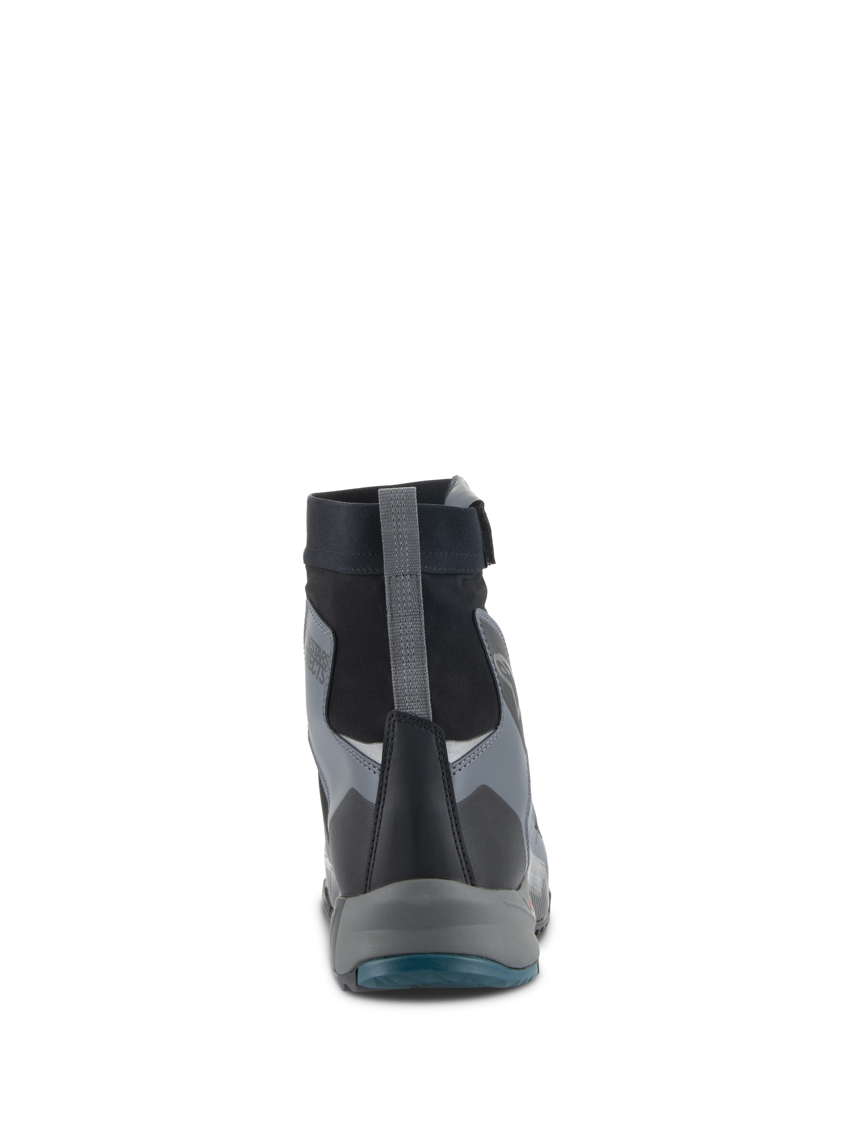 Scarpe Alpinestars CR-8 GORE-TEX, scarpe da moto, nero, grigio scuro e blu petrolio, vista posteriore con scarpetta impermeabile a taglio alto, linguetta grigia sul tallone e pannelli protettivi stratificati