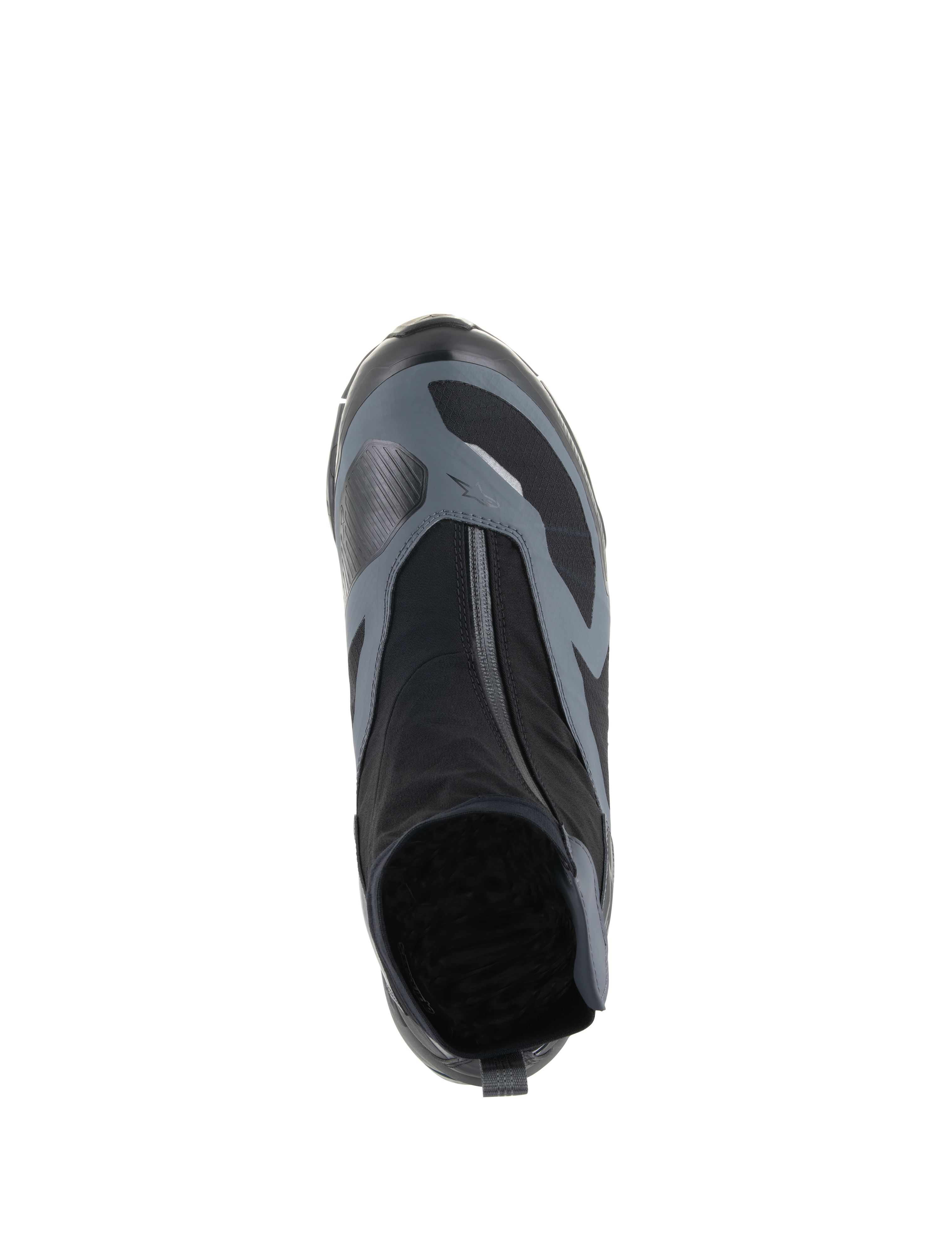 Scarpe Alpinestars CR-8 GORE-TEX, nero e grigio scuro, vista dall'alto che mostra la cerniera impermeabile angolata e la tomaia in tessuto tecnico, progettate per l'adventure touring.