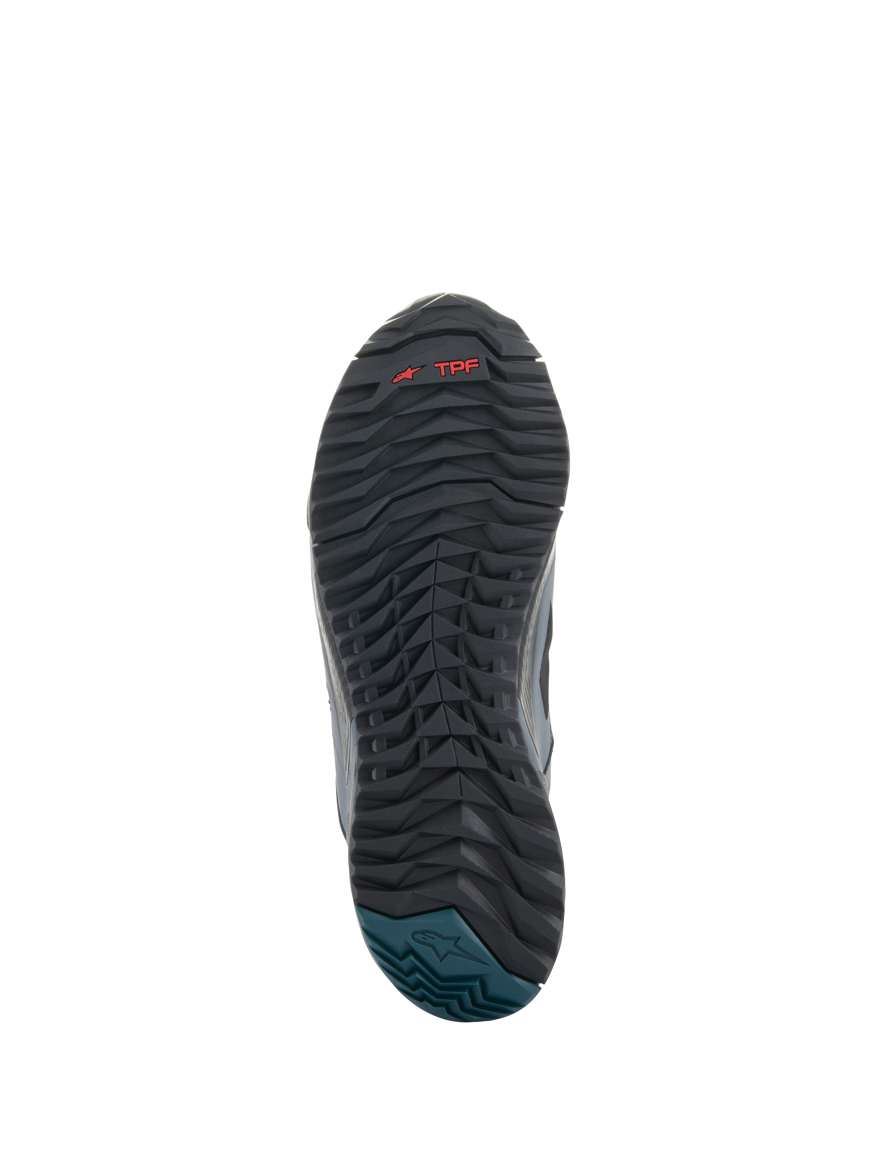Alpinestars CR-8 GORE-TEX Shoes, vista della suola, suola esterna in gomma nera e grigio scuro con battistrada ondulato e testurizzato, logo TPF rosso, tallone Blu Petrolio con logo Alpinestars, design resistente per la guida in moto